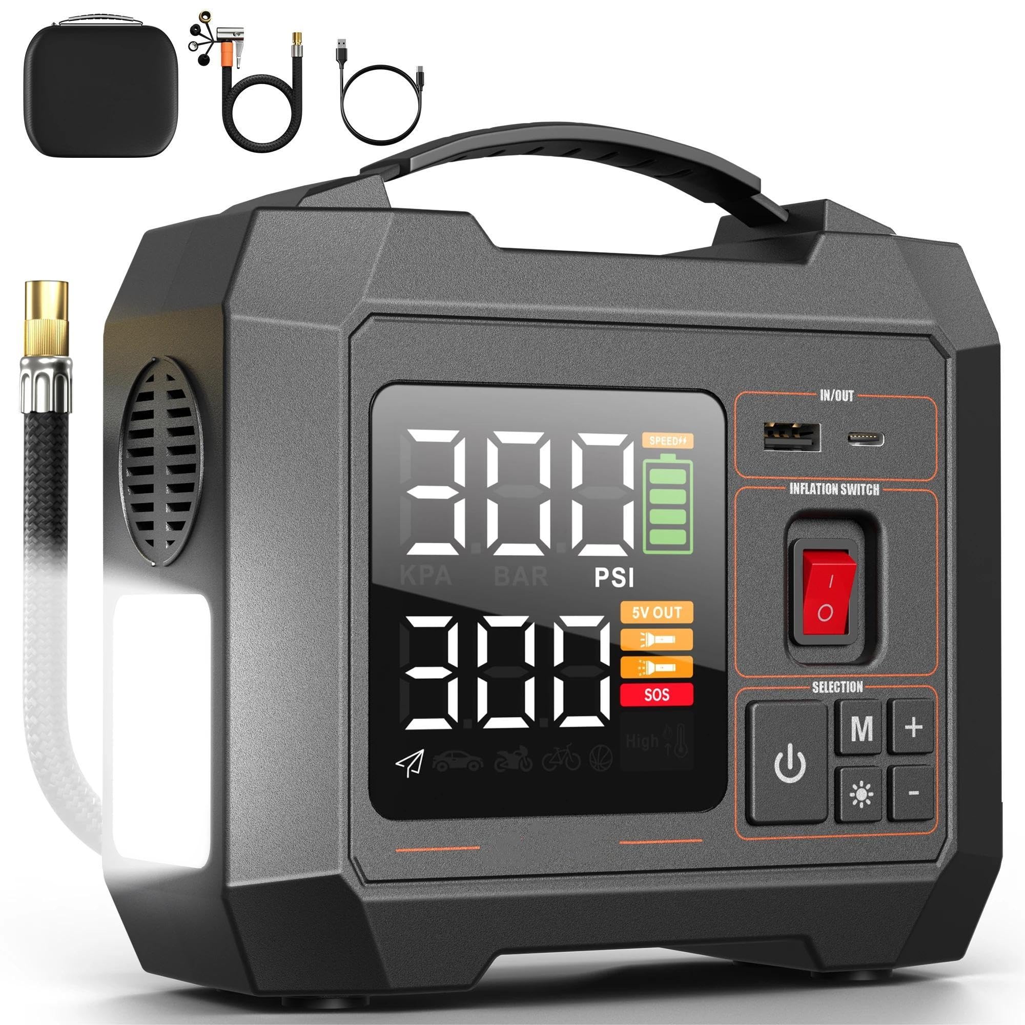 Gonfiatore Pneumatici Auto, 300 PSI Compressore Ad Aria Portatile con Display Digitale E Luce LED, Adattatori Ugelli, Cavo USB, per Pneumatici Da Auto, Biciclette, Barche A Remi