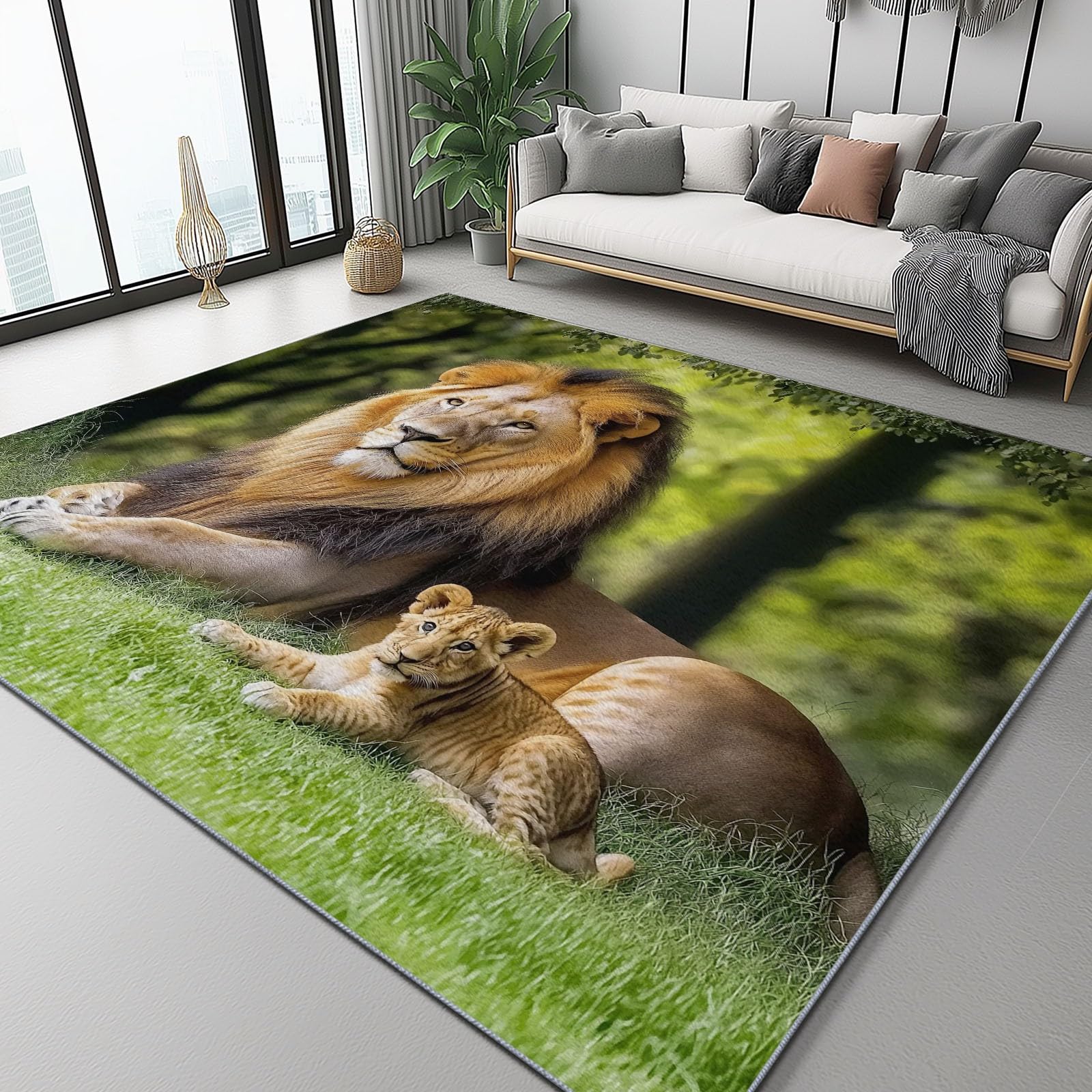Tapis lavable en machine imprimé lion avec envers antidérapant doux 120x170