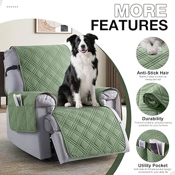 TAOCOCO 100% Waterproof Recliner Chair Cover Stay in Place, Recliner Covers for Small Recliner Chair with Pocket, Reclining Chair Cover Furniture Protector for Kids, Pets(20'', Bean Green)