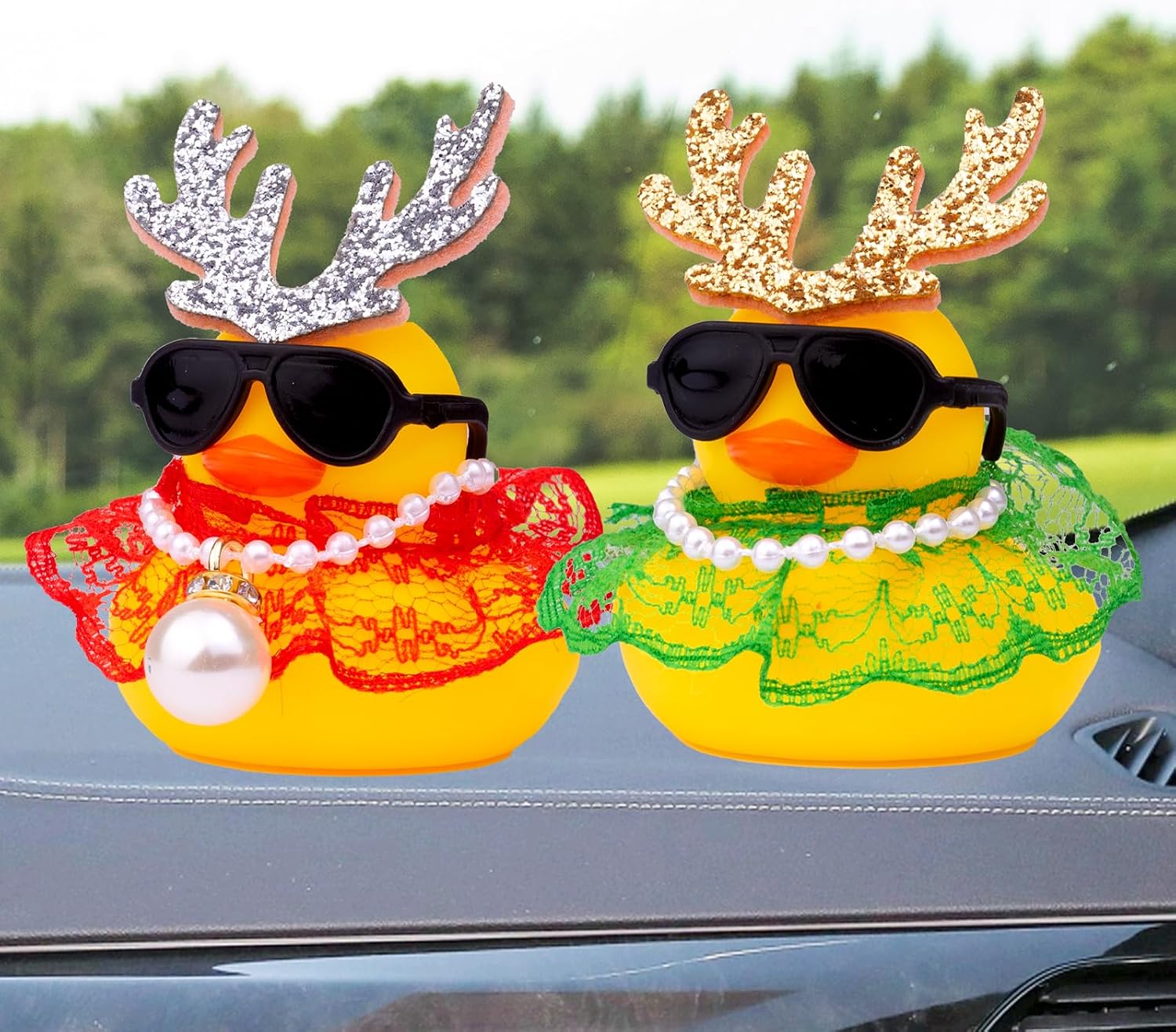 Christmas 2pcs Duck Car Ornament, Rubber Duck Car Dashboard Decor with Antlers Necklace Sunglasses Dress Decoration