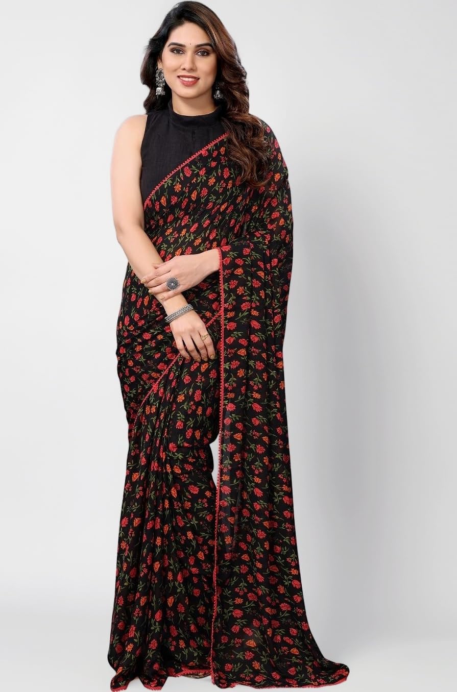 RAJESHWAR FASHION WITH RF Readymade Pleated Pre Drape Stitched Floral Printed Georgette Saree For Women's With Lace Border & Blouse(Ready To Wear One Minute)