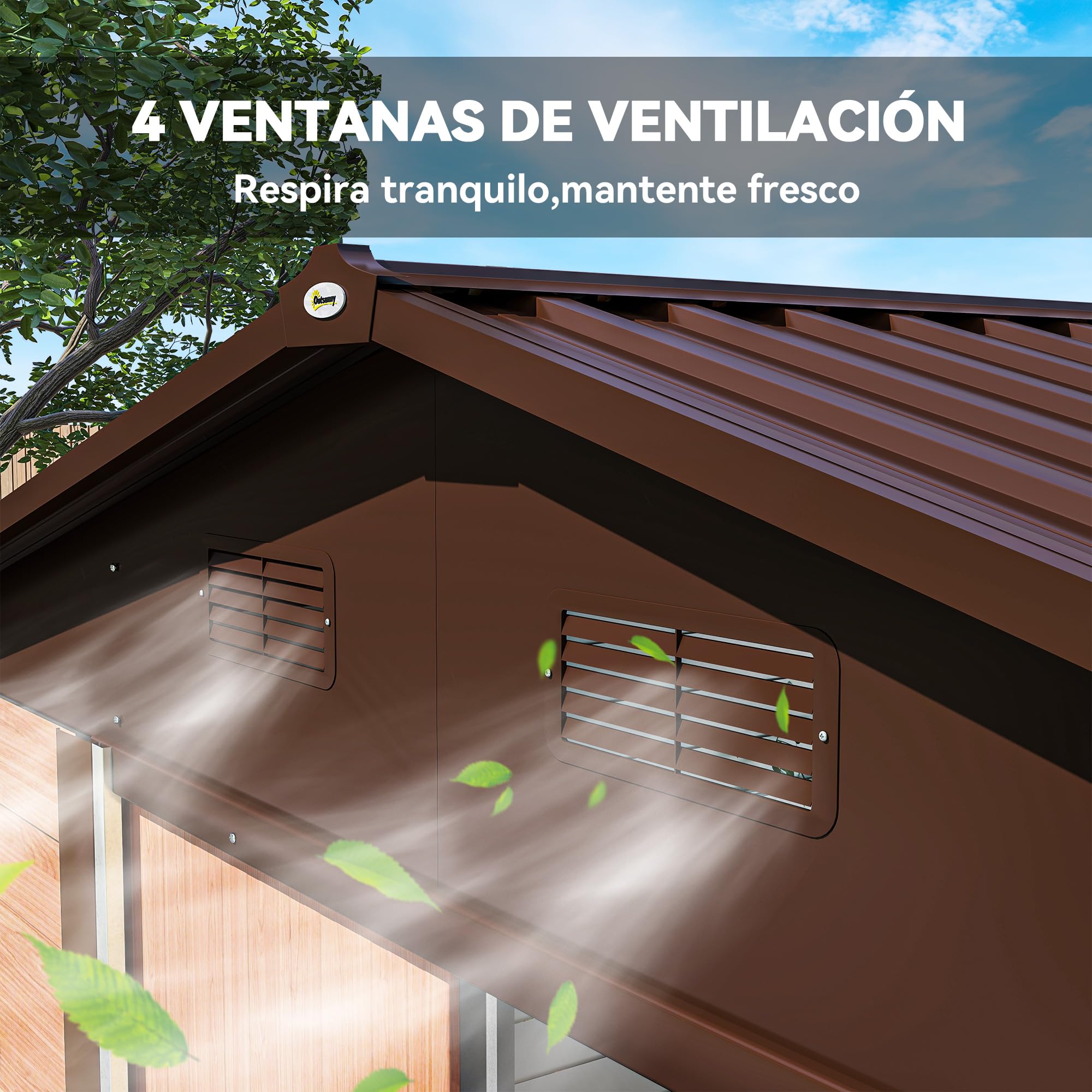 Outsunny Caseta de Jardín Exterior 4,84 m² 278x195x215 cm, Cobertizo de Jardín Exterior Metálica con 4 Ventanas y 2 Puertas Correderas, para Almacenaje de Herramientas, Madera Natural y Café
