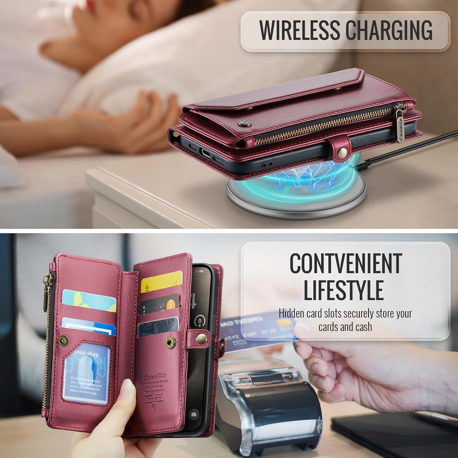 for iPhone 15 Pro Case, Crossbody Wallet Phone Case with RFID Blocking Kickstand, Anti-Drop Wireless Charging Card Slots, PU Leather Shoulder Bag Clutch Adjustable Strap, Burgundy