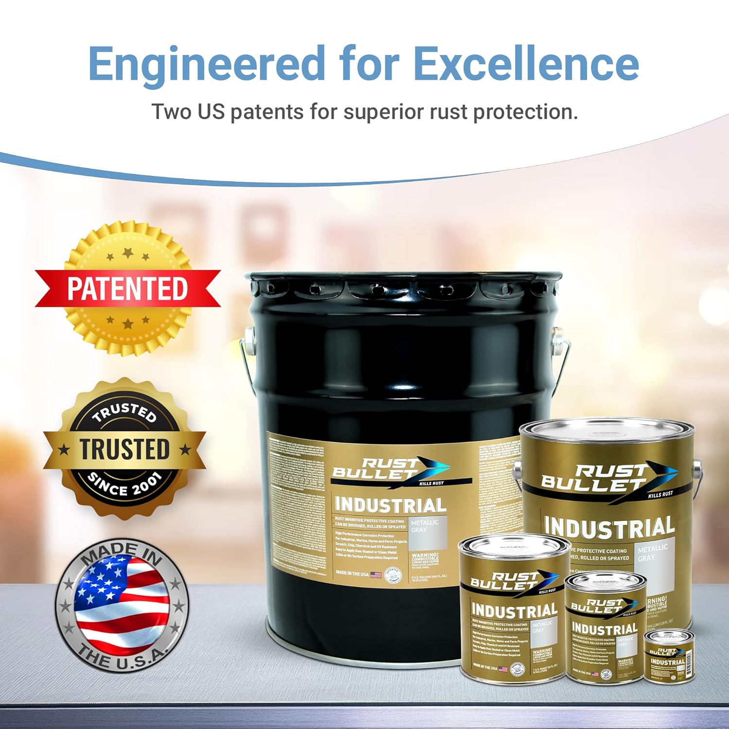 RUST BULLET Industrial - Metallic Gray - 6 Quart Combo (4 Industrial, 2 BlackShell) - Rust Preventative Coating for Industrial, Marine, Home and Farm Projects, Chip and UV Resistant, Durable Finish