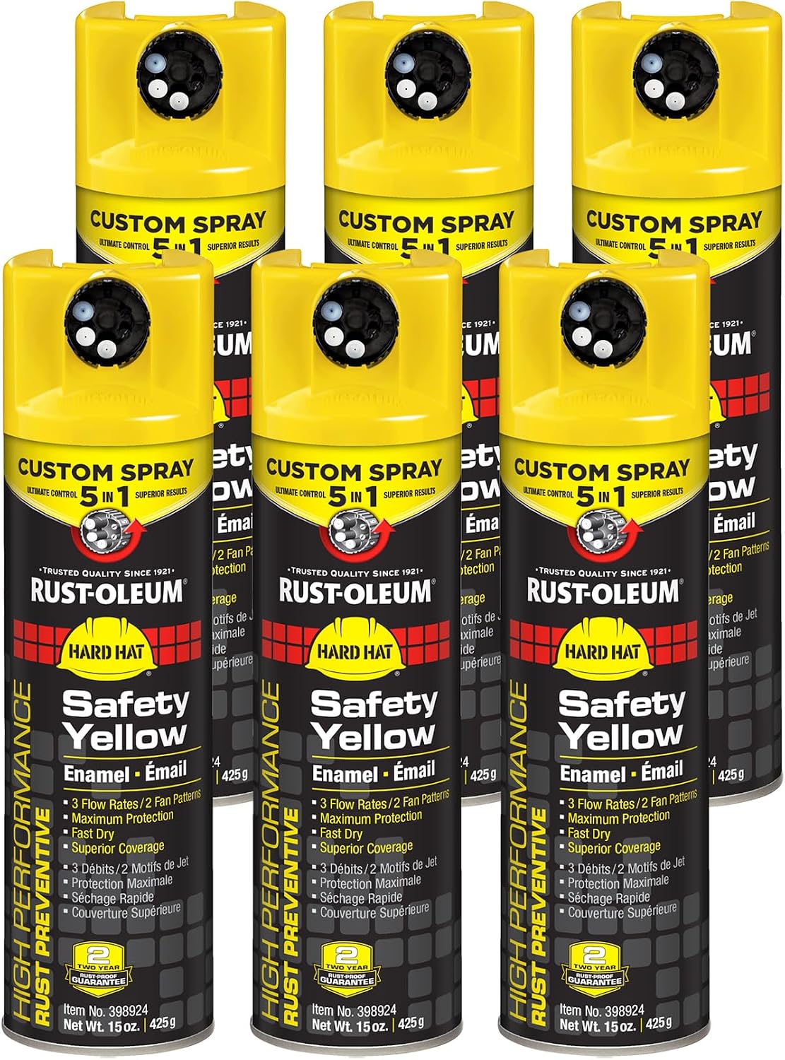 Rust-Oleum Hard Hat High Performance Custom Spray 5-in-1 Enamel | 5 Adjustable Spray Patterns | Fast-Drying Rust Preventive Formula | Corrosion-Resistant Finish | Gloss Safety Yellow | 15 oz | 6 Pack
