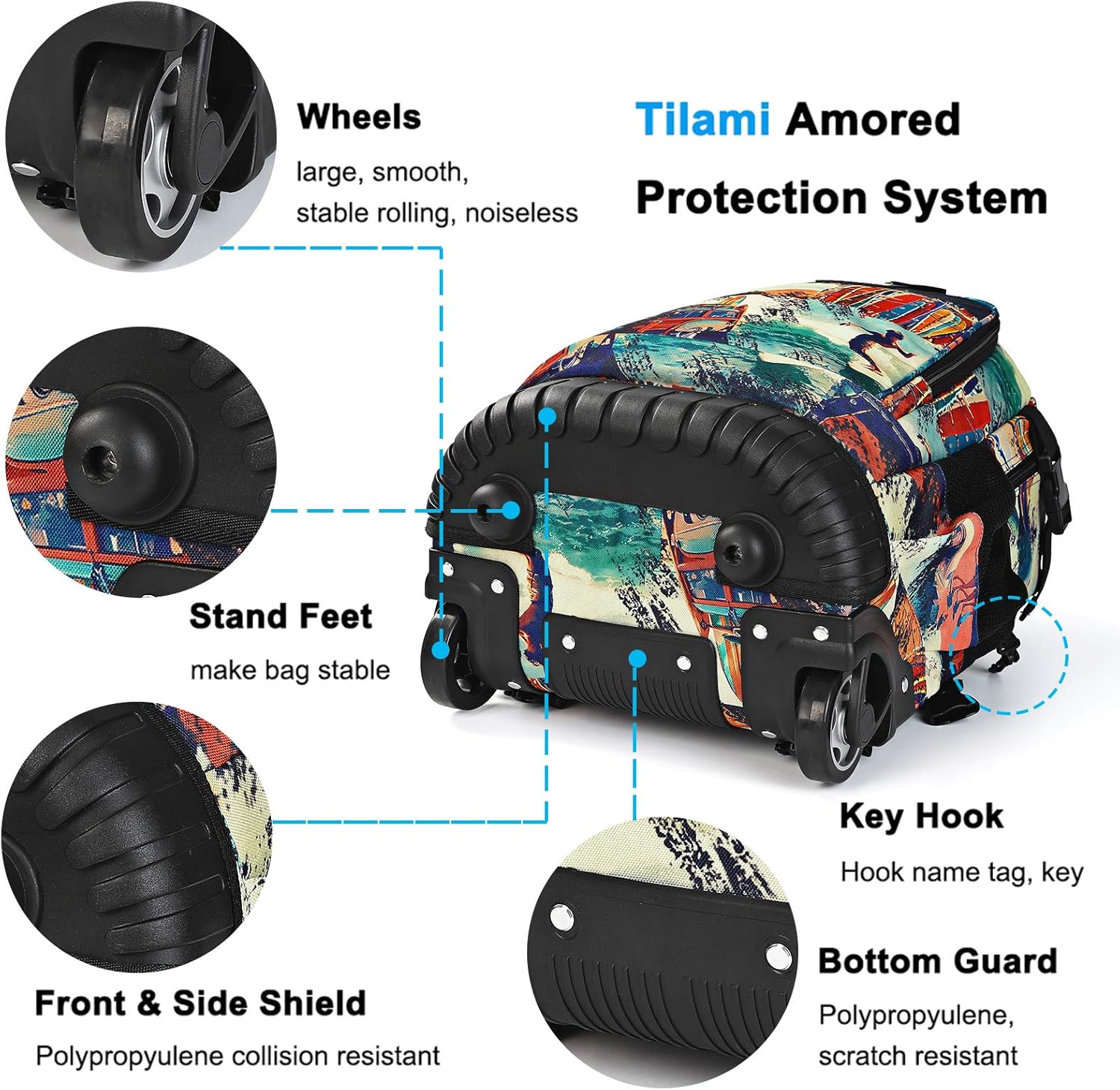 Tilami Rolling Backpack 19 inch Wheeled Cute LAPTOP Boys Girls Travel School Student Trip,Surfing - Image 5