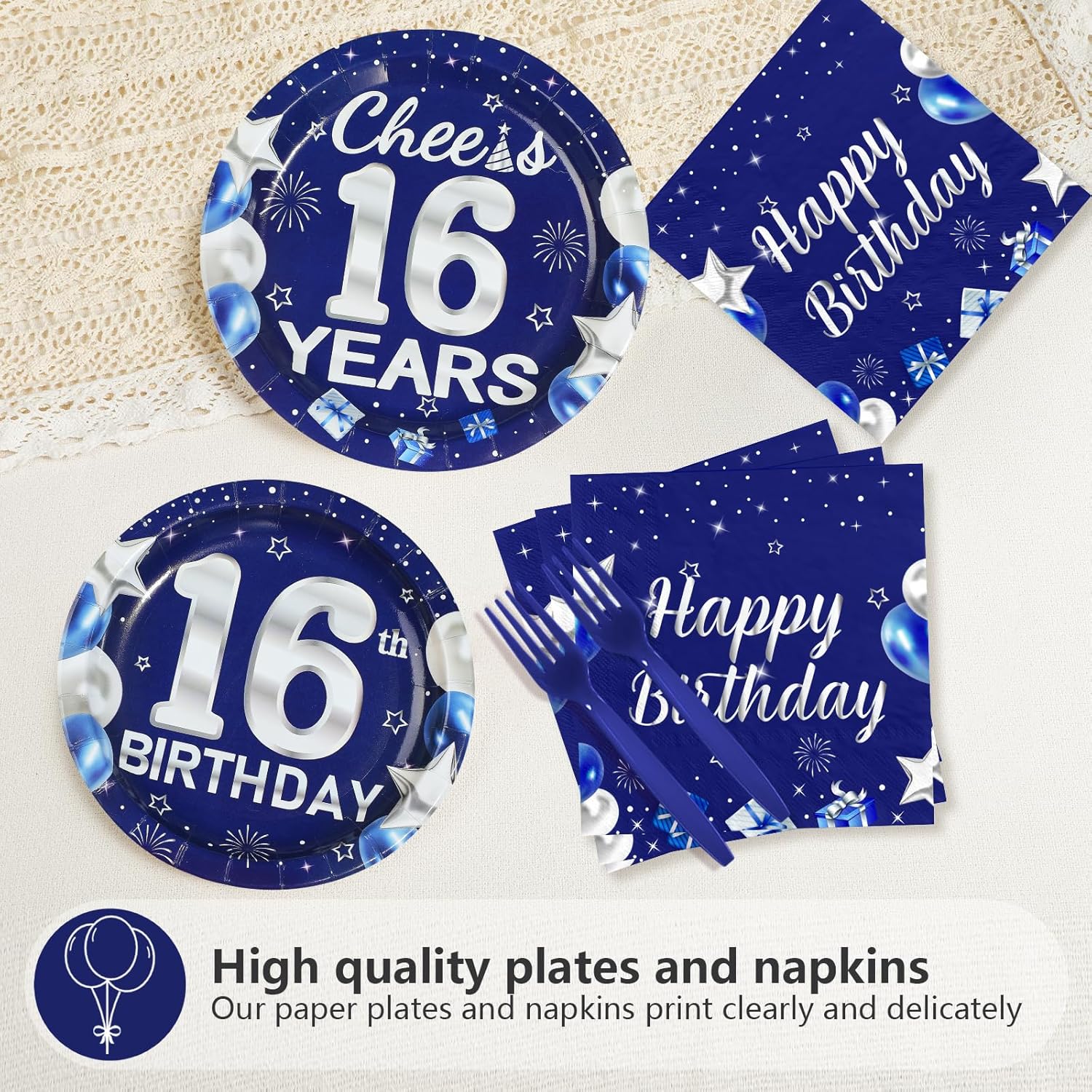 96Pcs 16th Birthday Party Decorations Blue and Silver Plates and Napkins Disposable Sweet Blue Silver 16 Years Old Paper Tableware Set for Teens Boys Girls 16th Birthday Party Supplies, Serves 24 - Image 3