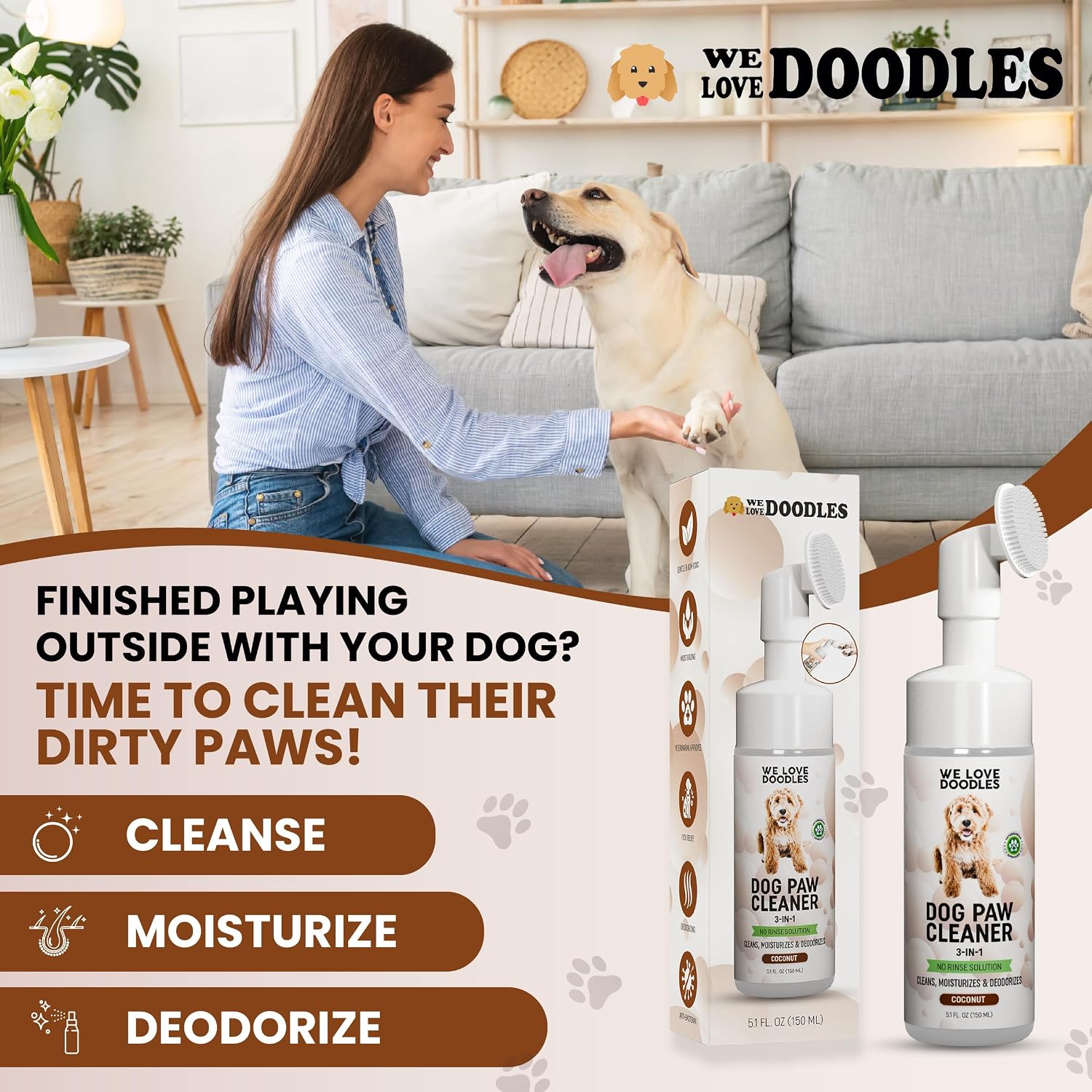 Dog Paw Cleaner, No-Rinse, 3-in-1 Silicone Bristle Brush, Coconut, 5 oz image 4