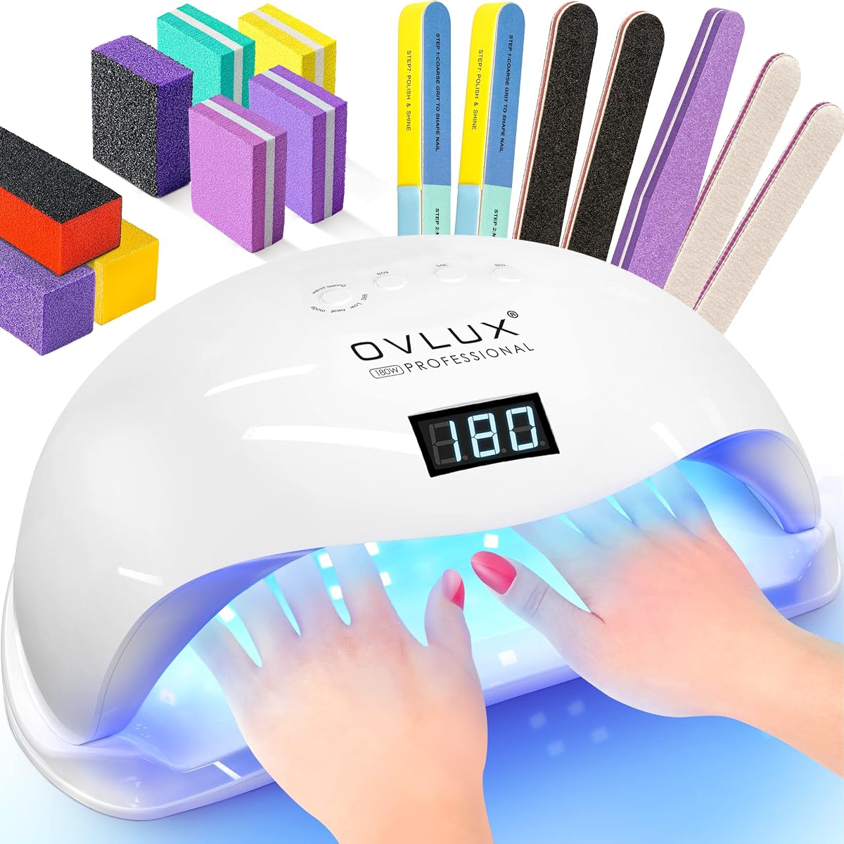 OVLUX 180W UV LED Nail Lamp Professional – Fast Gel Nail Dryer with 57 LEDs, LCD Countdown, Auto Sensor & Low Heat Mode, UV Light for Gel Nails, Salon & Home, Nail Buffer & File Set