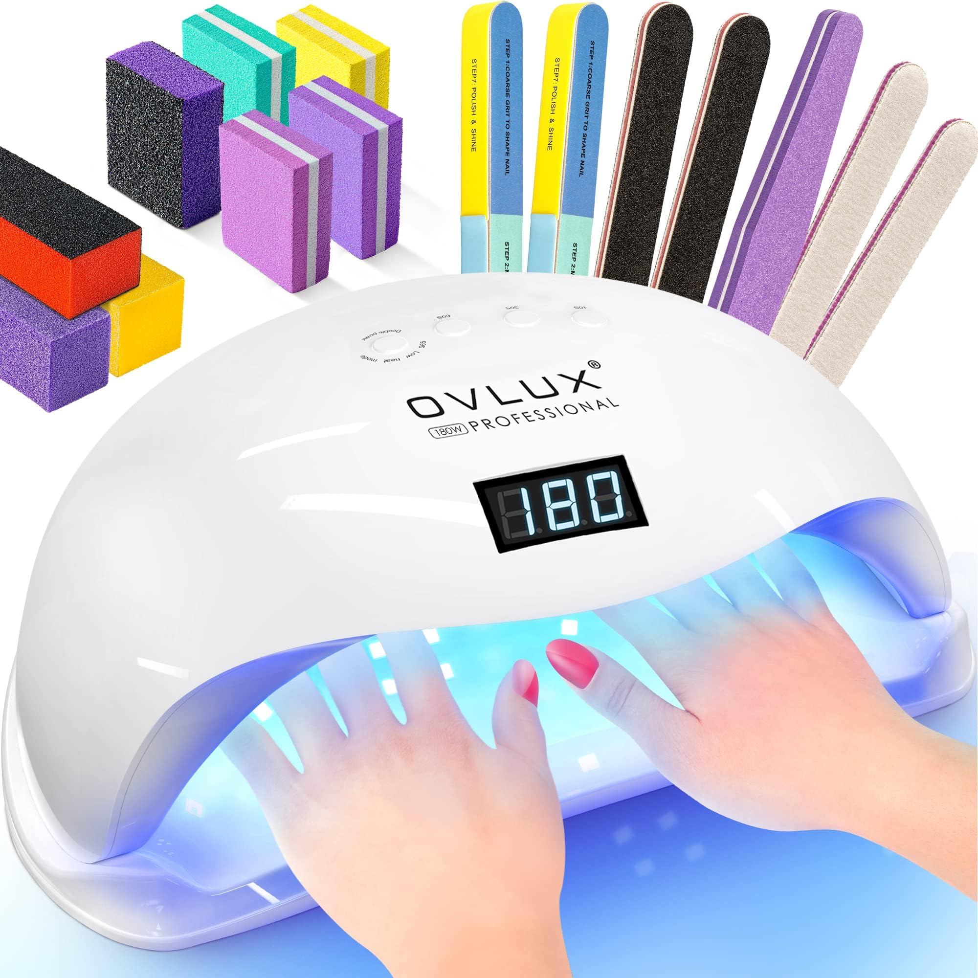 OVLUX 180W UV LED Nail Lamp – Professional Gel Nail Dryer with 57 LEDs, Auto Sensor & LCD Display, Fast Nail Polish Dryer for Gel Polish, UV Light for Gel Nails, All Gel Types, Adapter Included