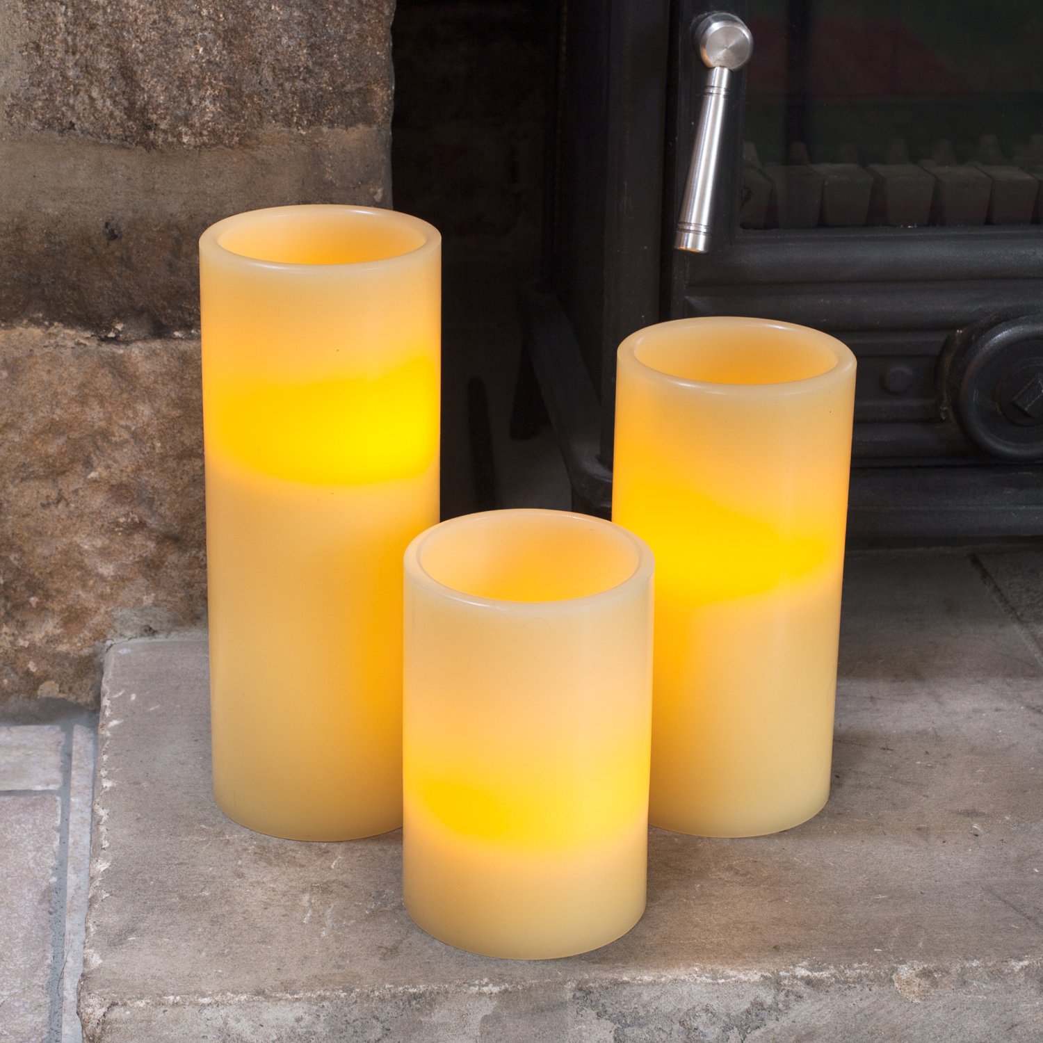 Lights4fun Amber Set Of 3 Battery Operated Church Pillar Wax Led Candles With Timer