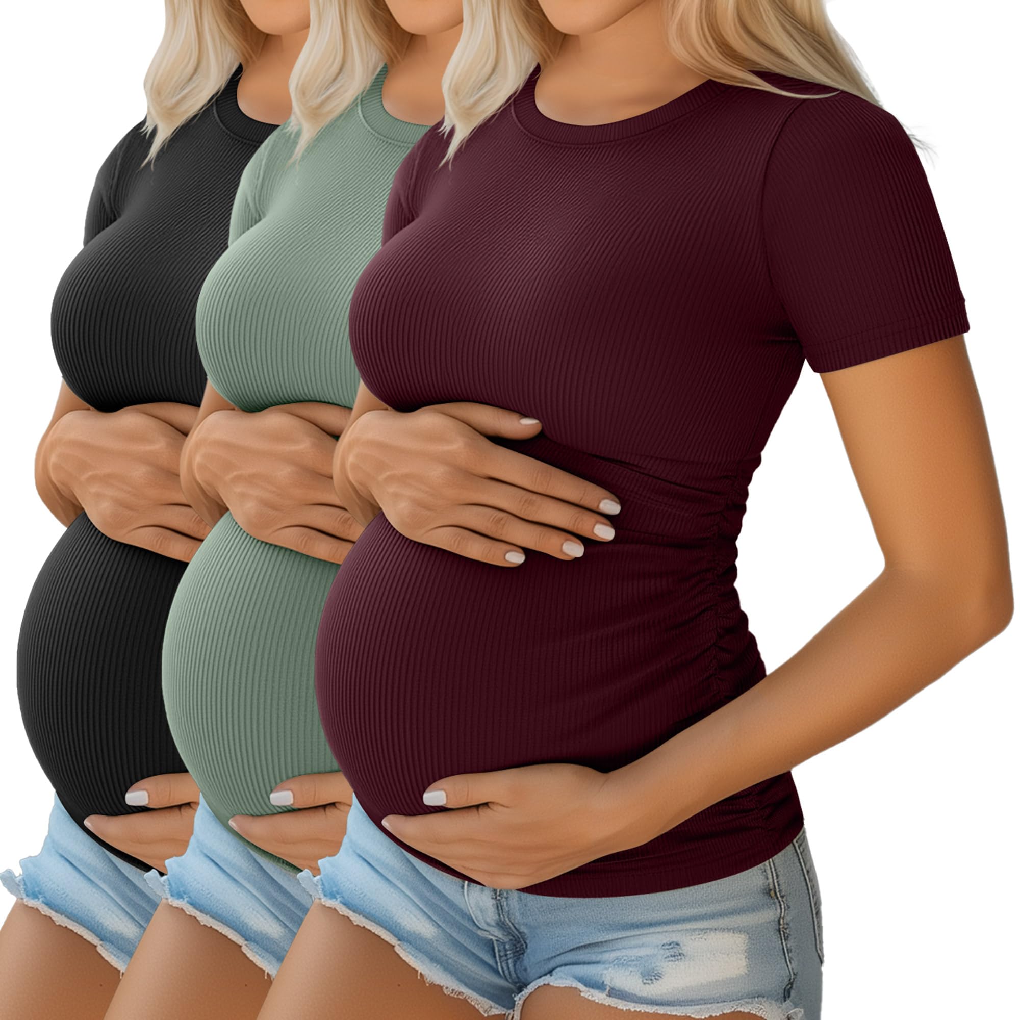 Ficerd 3er Pack Damen Umstandstops Baumwolle Kurzarm Schwangerschaftsshirts Rippstrick Freizeit Mama T-Shirts