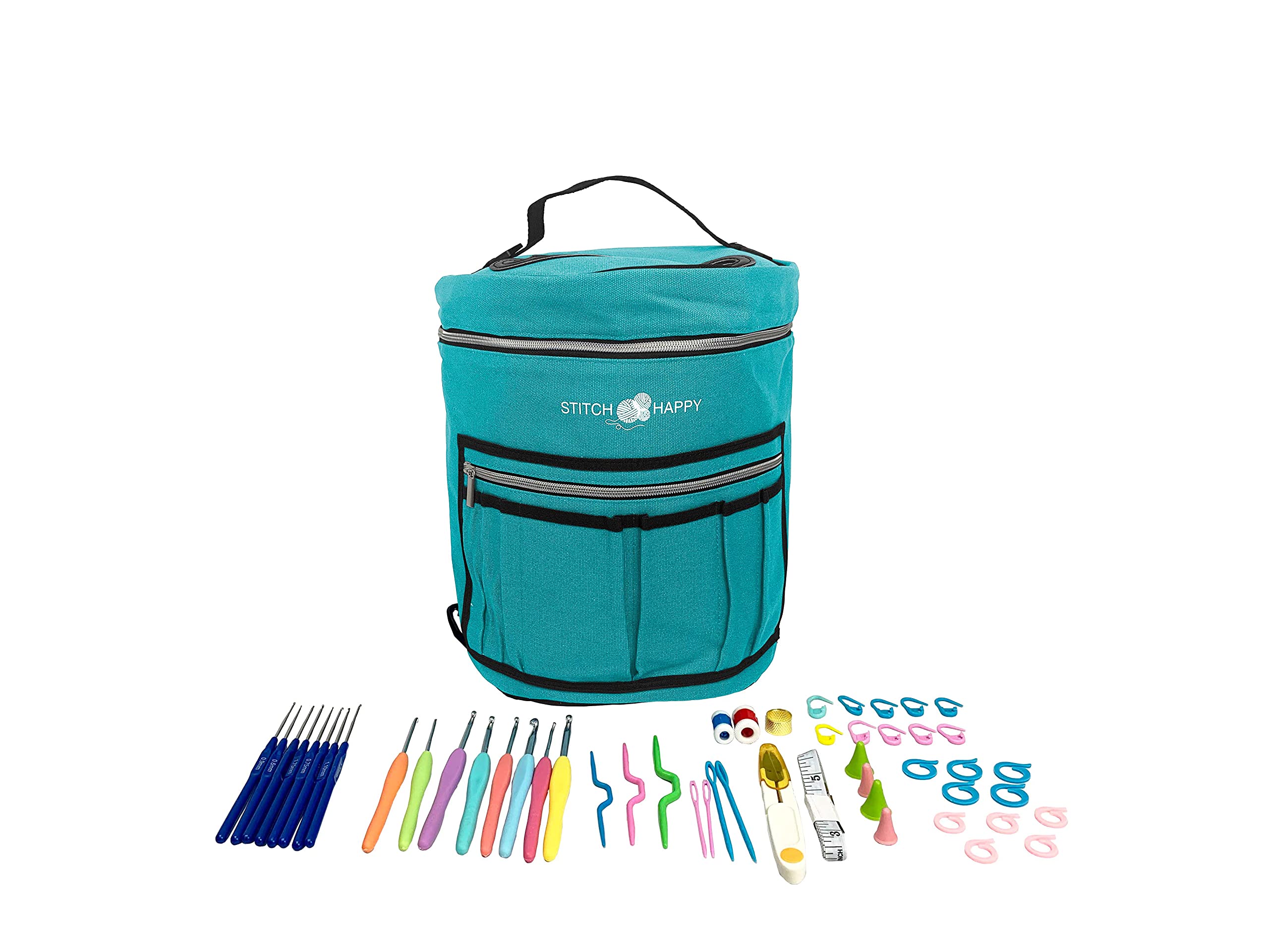 Designer Stitch Happy Crocheting Kit: 52 Piece Crochet Kit for Beginners &amp; 7 Pocket Yarn Bag, Signature Yarn Storage - Peacock