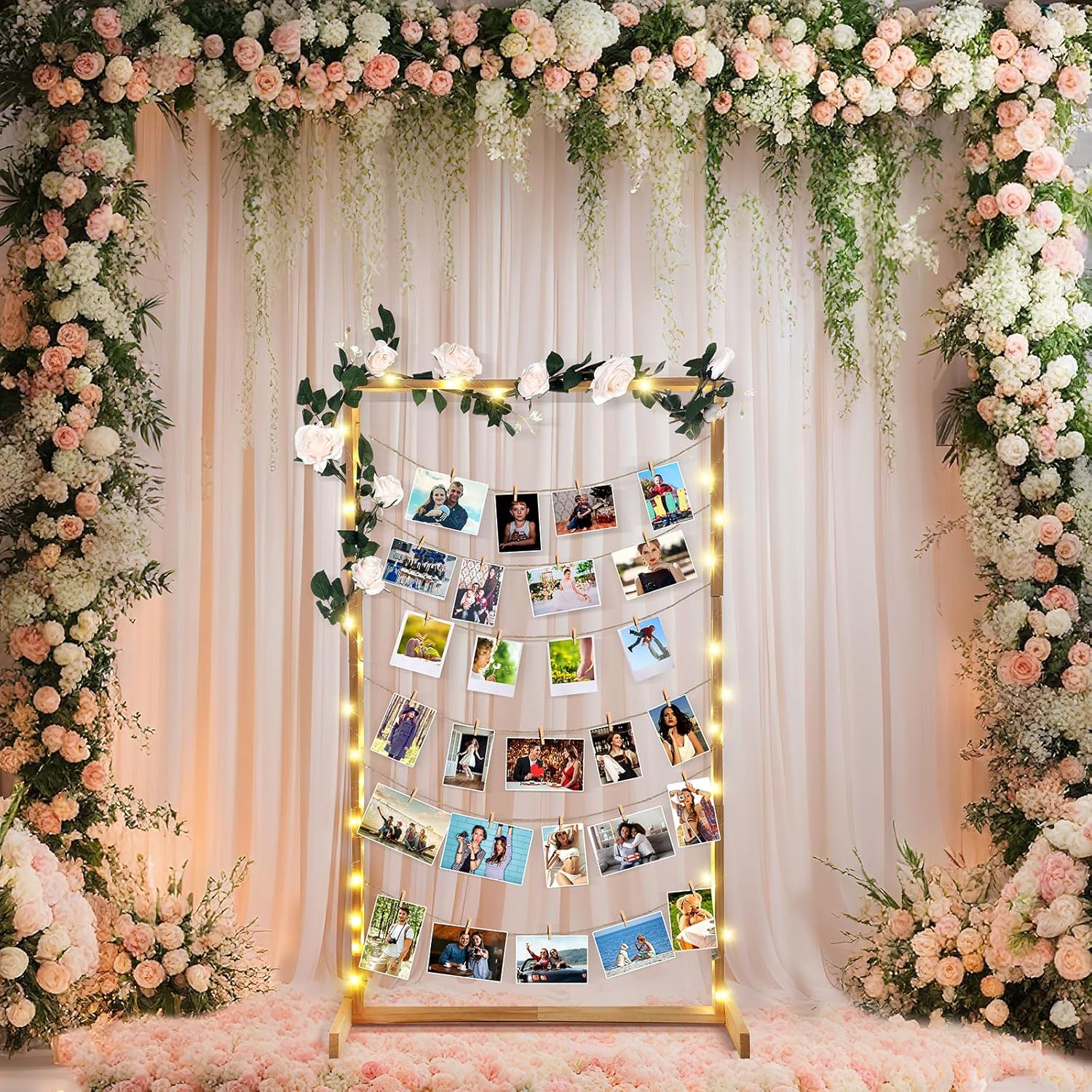 47 Inch Wedding Photo Display Frame Board with String Lights and 30 Clips Standing Picture Collage Board Photo Frame Display Holder for Wedding Christmas New Year Party Decor
