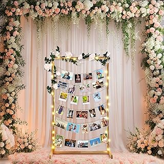 47 Inch Wedding Photo Display Frame Board with String Lights and 30 Clip...