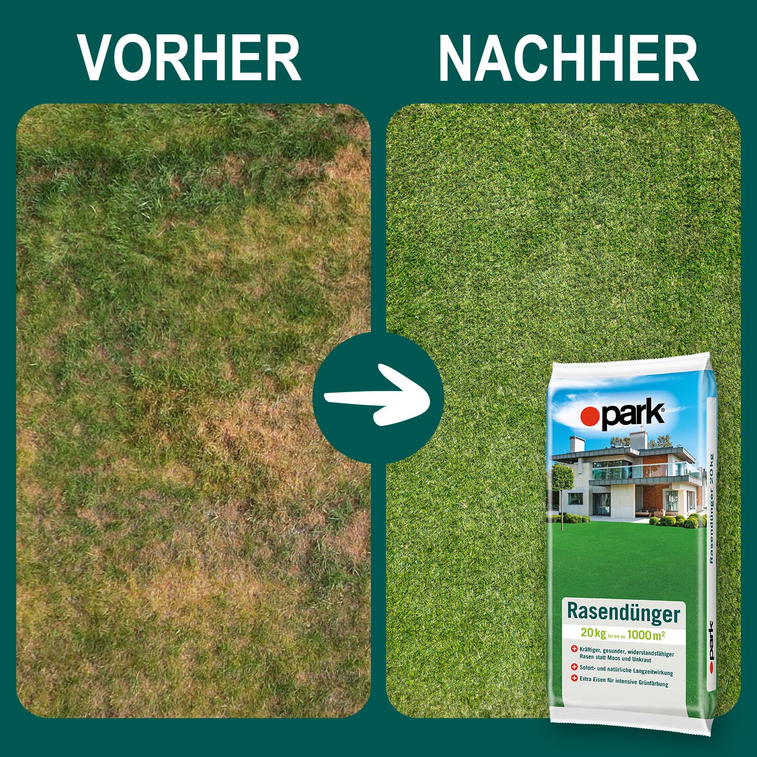 Park Rasendünger 20kg für bis zu 1000m², sorgt für einen gesunden, tiefgrünen und widerstandsfähigen Rasen statt Moos und Unkraut