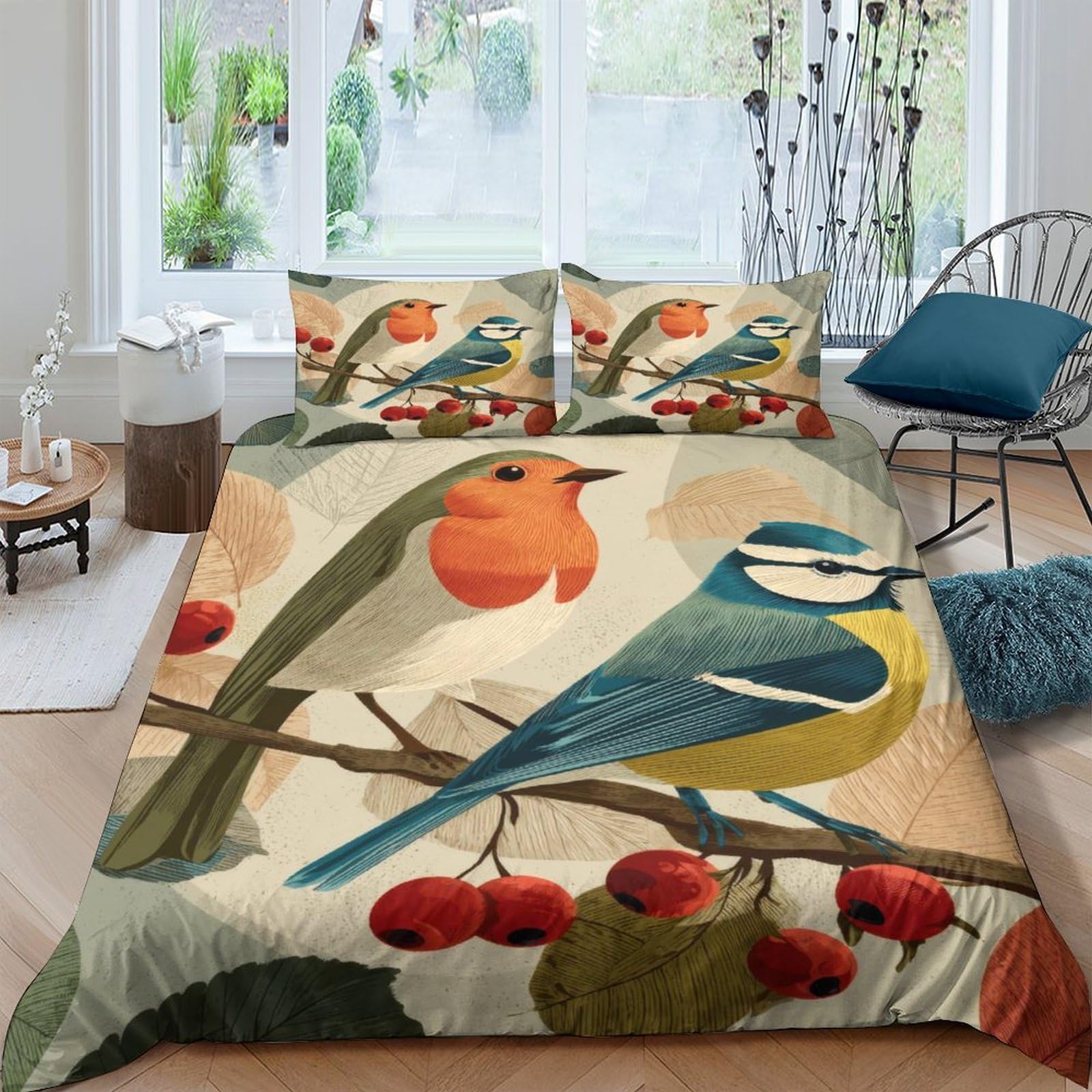 Ctjqhvkz Style-1 3D Printed Bird And Berry Fitted Sheet Microfiber Soft Decor Robin Blue Tit Mattress Cover For Bedroom Guest Room Single（135X200cm）