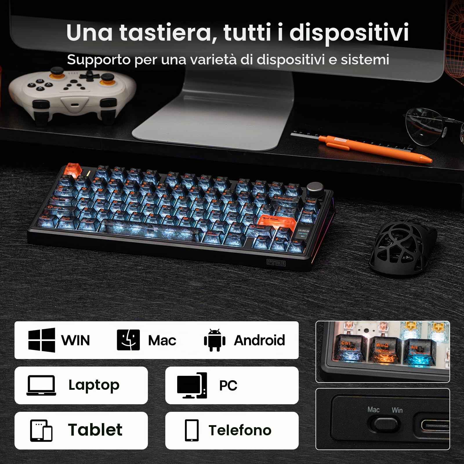 EPOMAKER TH80 V2 PRO Tastiera Meccanica Wireless con Schermo e Manopola | 10000mAh, 2.4GHz/BT/USB-C, RGB, Hot-Swap, NKRO, Tasti in PBT, Tastiera Meccanica per PC/Mac (Nero, Creamy Jade Switch)
