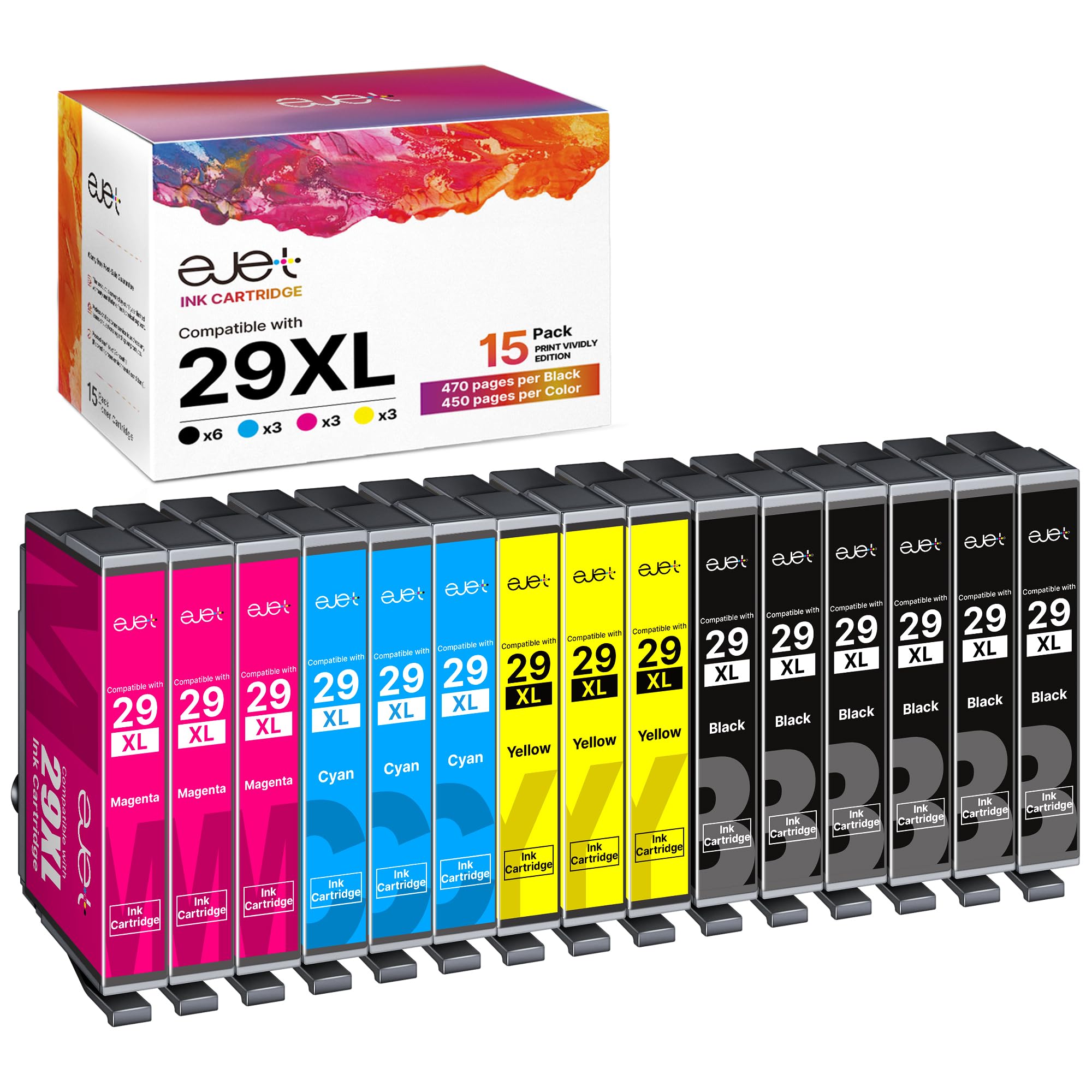 29XL High Yield Ink Cartridge Compatible for Epson 29 XL for Expression Home XP452 XP442 XP352 XP345 XP245 XP-455 XP-342 XP-255 XP-245 XP 352 XP 342 (6 Black,3 Cyan,3 Magenta,3 Yellow, 15-Pack)