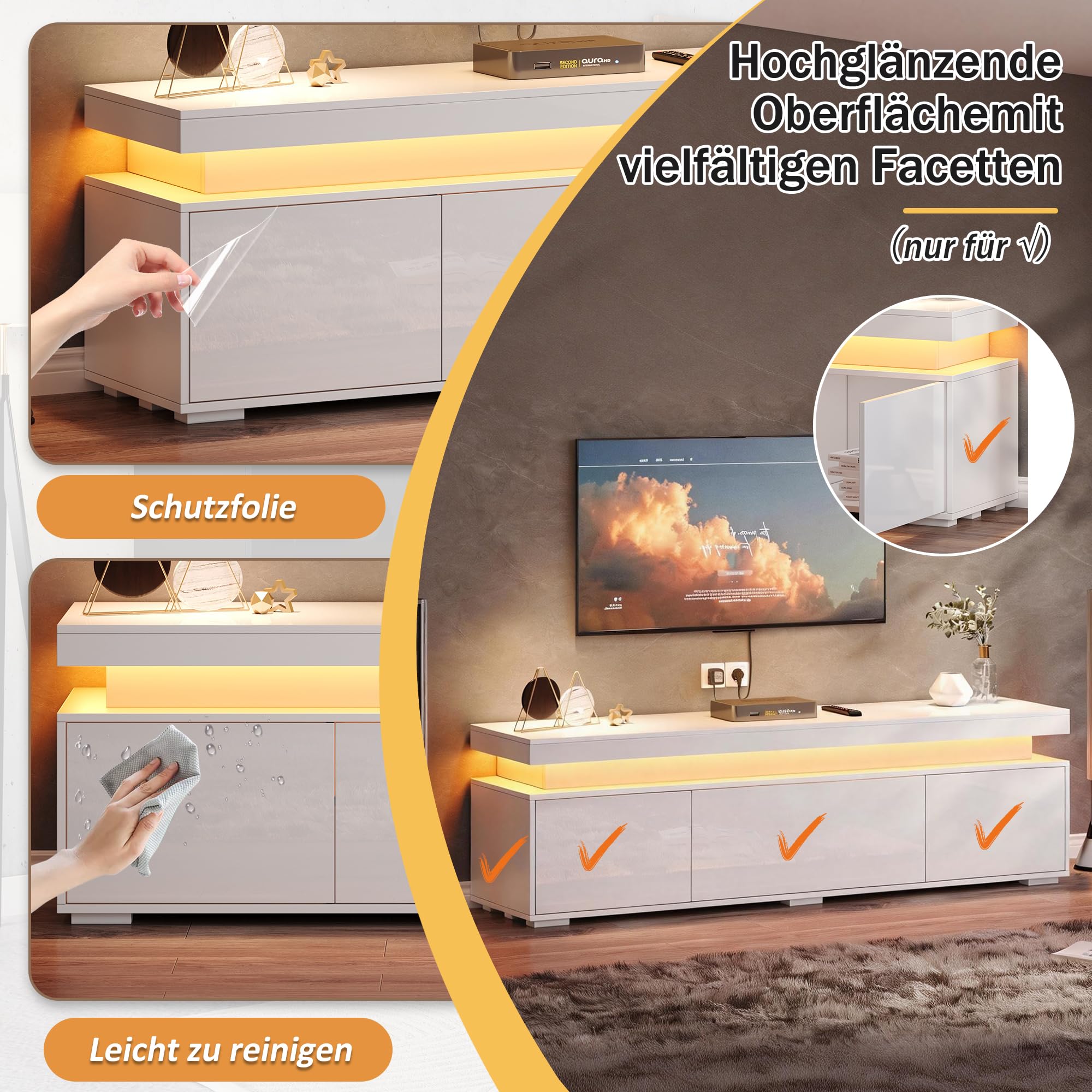 Meuble TV 180 Cm Blanc Brillant, Meuble TV LED Meuble Bas 3 Portes avec éClairage LED App, Lowboard Salon Moderne, pour TéLéViseurs Jusqu'à 80 Pouces, Banc TV De Salon pour Petits Espaces (Blanc-A01)