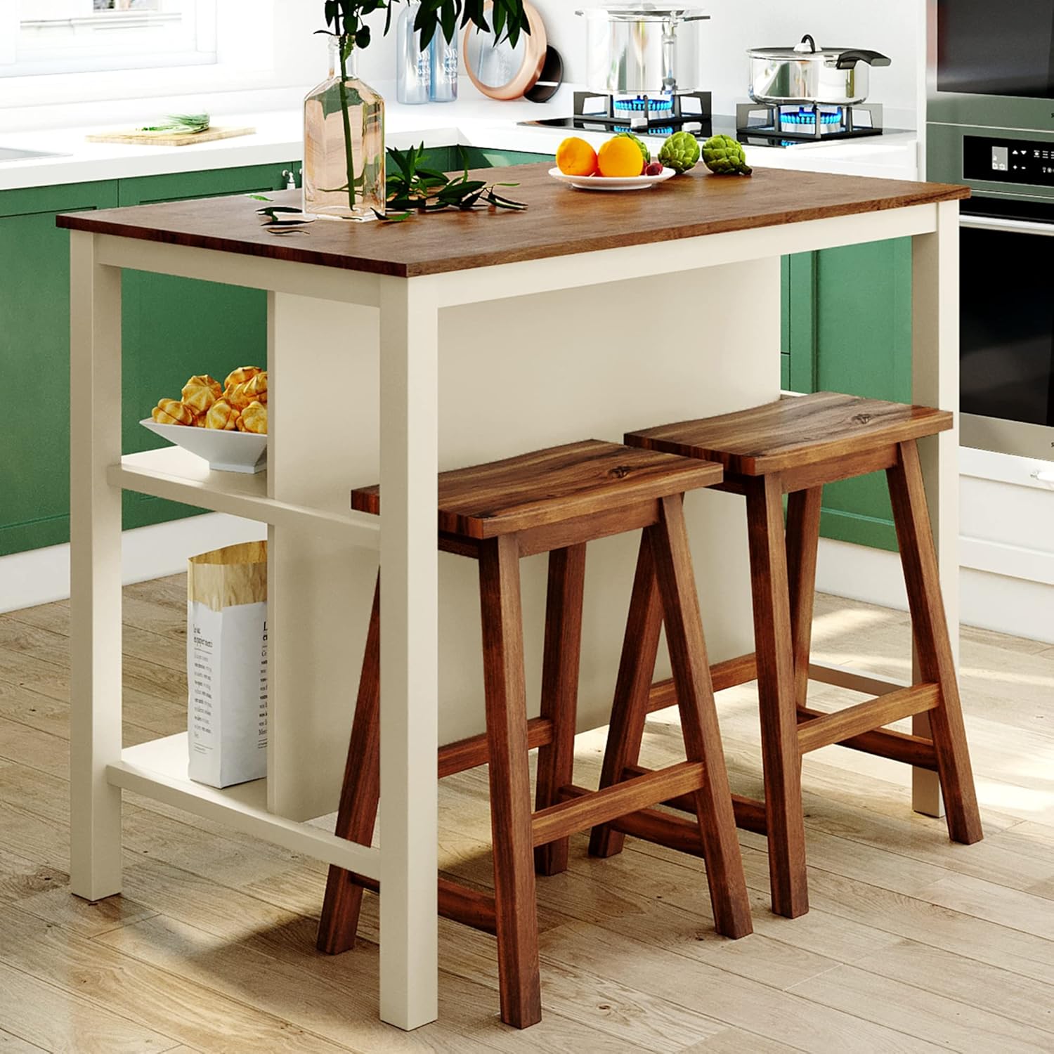 P PURLOVE 3 Piece Dining Table Set Kitchen Island Set with 2 Chairs Wood Butcher Block Dining Table Set Prep Table Set with 2 Open Shelves for Small Places