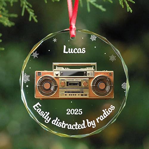 Personalized Radio Lover Glass Ornament, Custom Retro Boombox Christmas Keepsake with Name and Year, for Music Fans, Xmas Gifts 2025