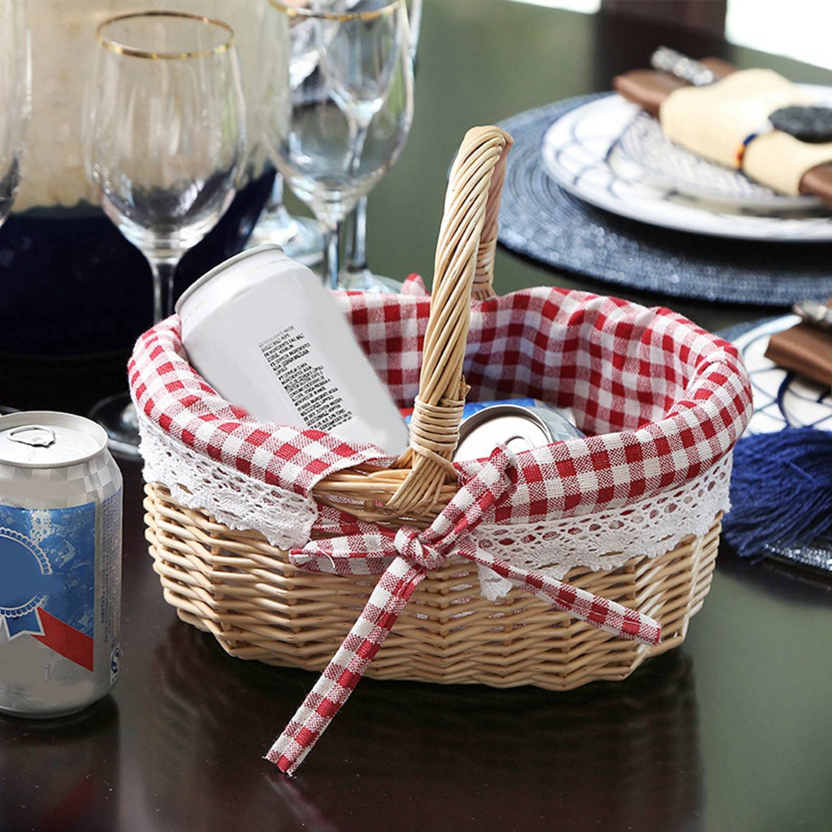 3X Cesta de Mimbre Cestas de Regalo Cesta de Picnic Tejida de Sauce Ovalada Vacía con Asa Cesta de Boda Pequeña