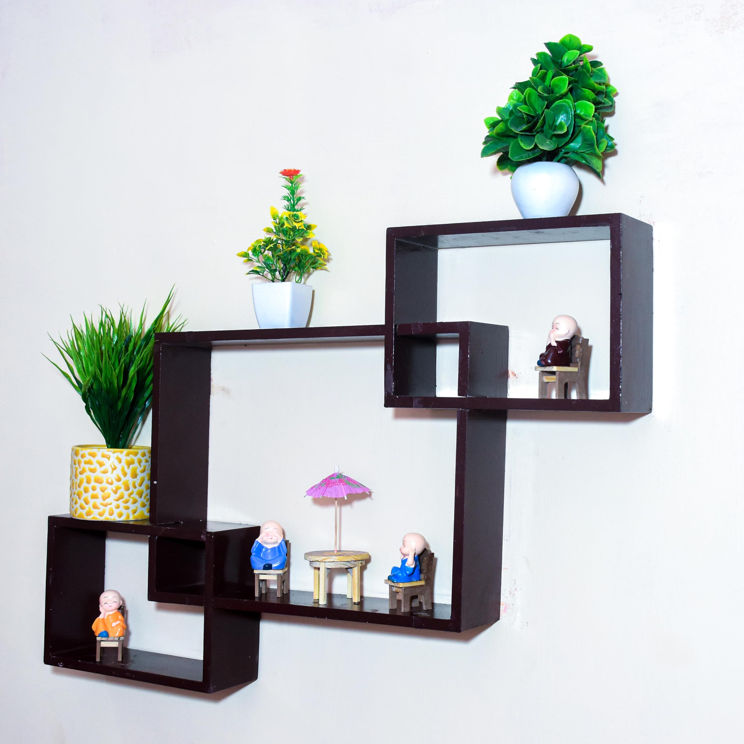 Swastik World's Interlock Wall Mount Wood Wall Shelf, Glossy Finish, Set of 3 (Brown)