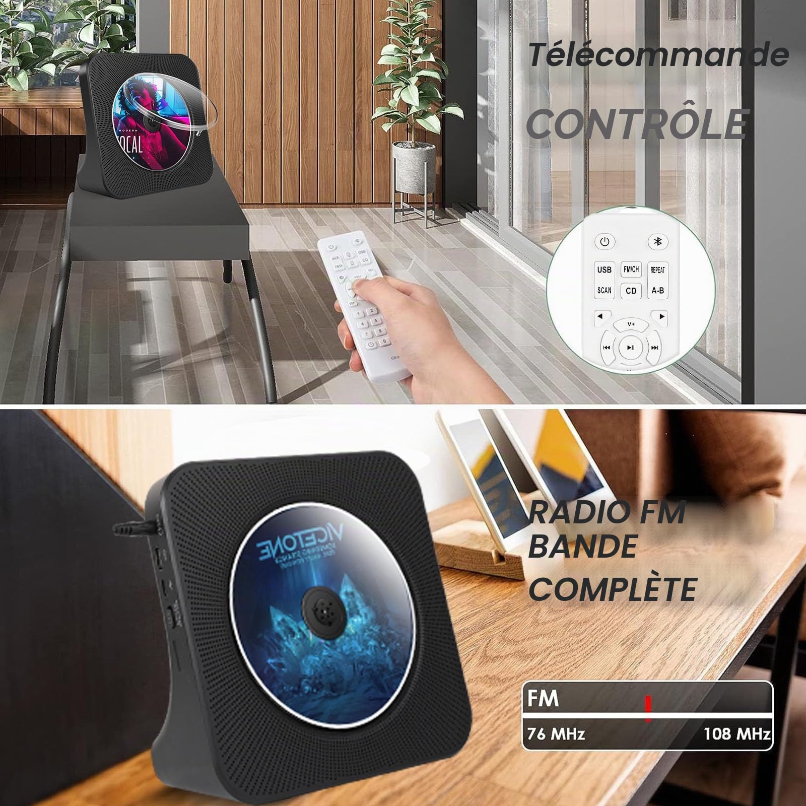 Lecteur CD Bluetooth avec Design Bureau, Lecteur CD Radio Portable avec Double Haut-parleurs & minuterie, Supporte entrée AUX/USB, Radio FM, Prise Casque, Transmission Bluetooth, écran LCD