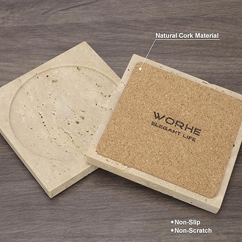 Miniatura 5 de WORHE Posavasos de mármol absorbente con base de corcho, juego de 4 posavasos cuadrados para café, piedra de mármol natural para inauguración del