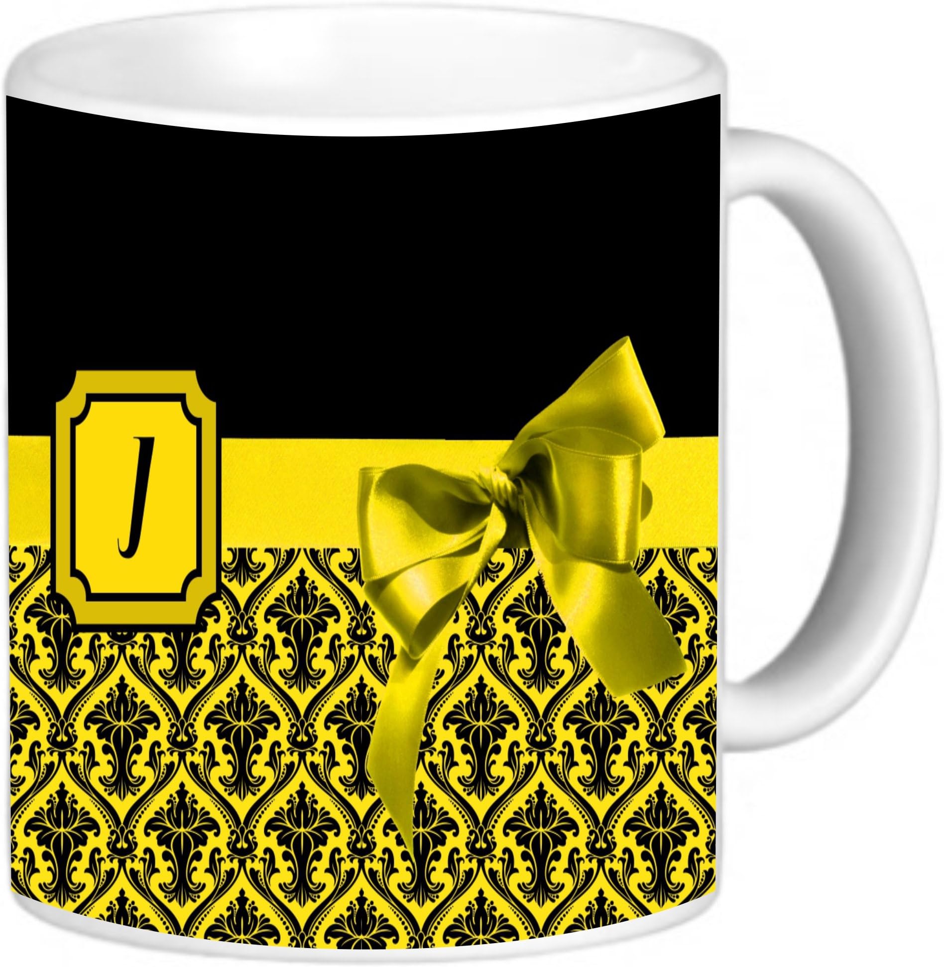 Rikki Knight Yellow Monogram Damask Bow Photo Quality Ceramic Coffee Mug, 11-Ounce, Letter"J"