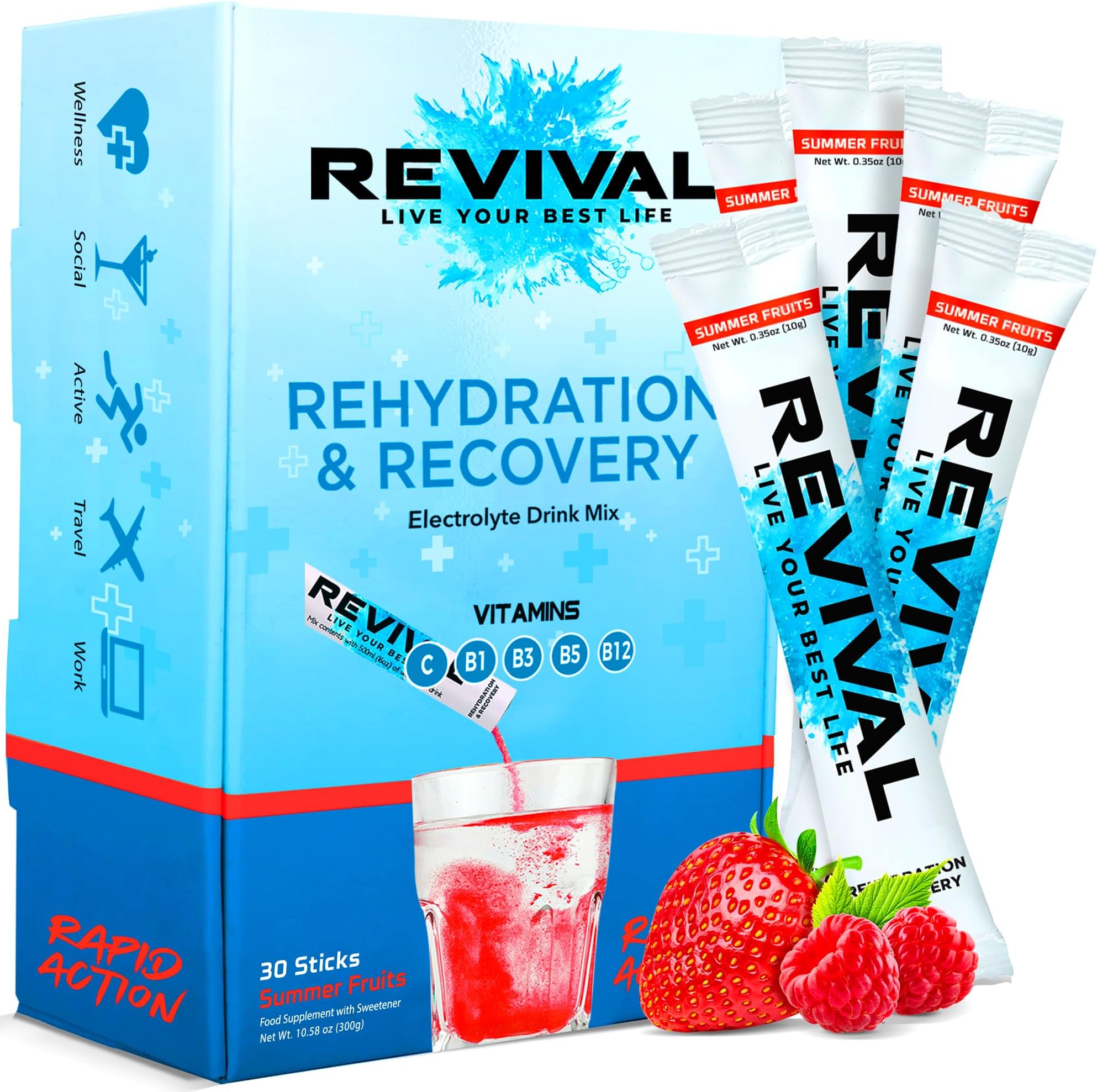Revival Rapid Rehydration Electrolytes Powder - High Strength Vitamin C, B1, B3, B5, B12 Supplement Sachet Drink, Effervescent Electrolyte Hydration Tablets - 30 Pack Summer Fruits