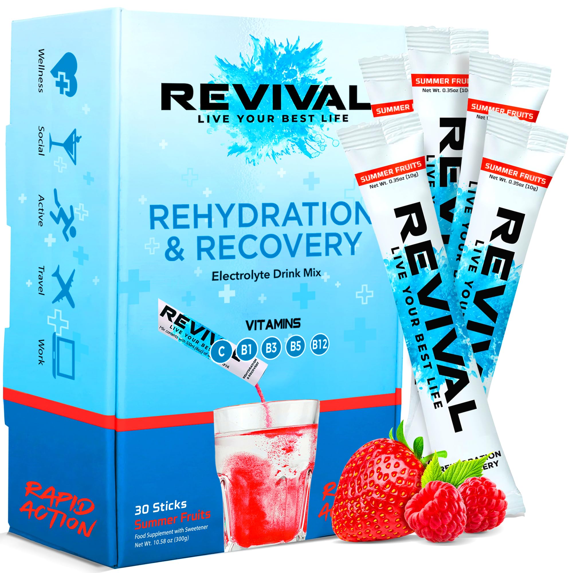 Revival Rapid Rehydration Electrolytes Powder - High Strength Vitamin C, B1, B3, B5, B12 Supplement Sachet Drink, Effervescent Electrolyte Hydration Tablets - 30 Pack Summer Fruits