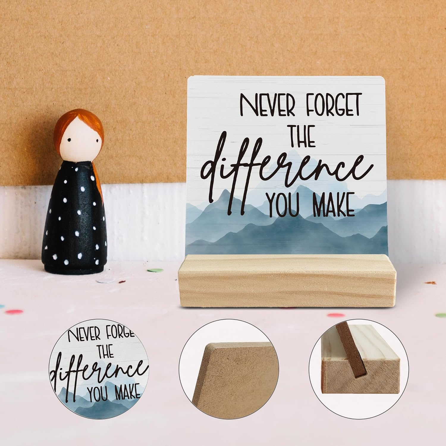 Never Forget the Difference You Made, Inspirational Desk Decor, Farewell Gifts for Coworkers Boss Wood Desk Sign, Motivational Wooden Plaque with Wood Stand for Office Table Decor image 4