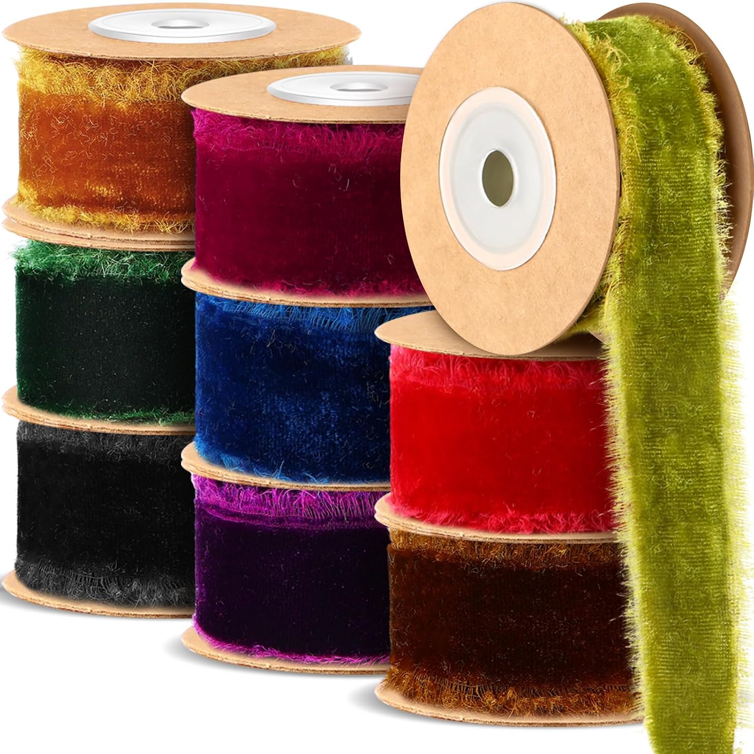 Preboun Velvet Ribbon - 27 yd x 1 in Frayed Fringe Ribbon for Crafts, Christmas Decor, Bridal Bouquet, Classic Color