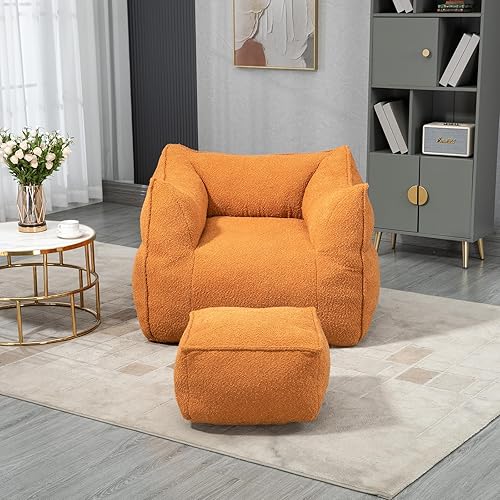 Miniatura 3 de Puf con otomano, cómodo puf Boucle para adultos y niños, sofá perezoso ultra suave para interiores con relleno de esponja viscoelástica, puf moderno