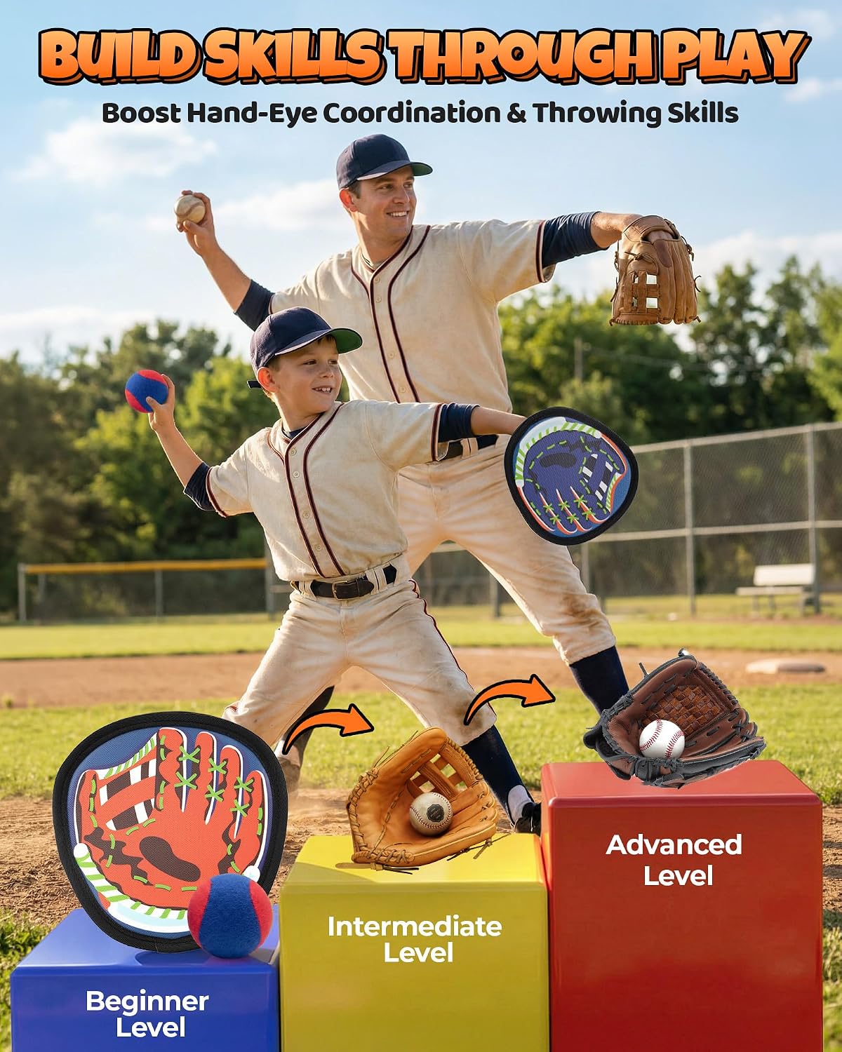 Toss and Catch Ball Game Set, 2 in 1 Kids Toddler Baseball Glove & Target Board, Sticky Catch Toy Outdoor Toys, Backyard Beach Yard Outside Games, Birthday Gift for Boys Girls Ages 3+