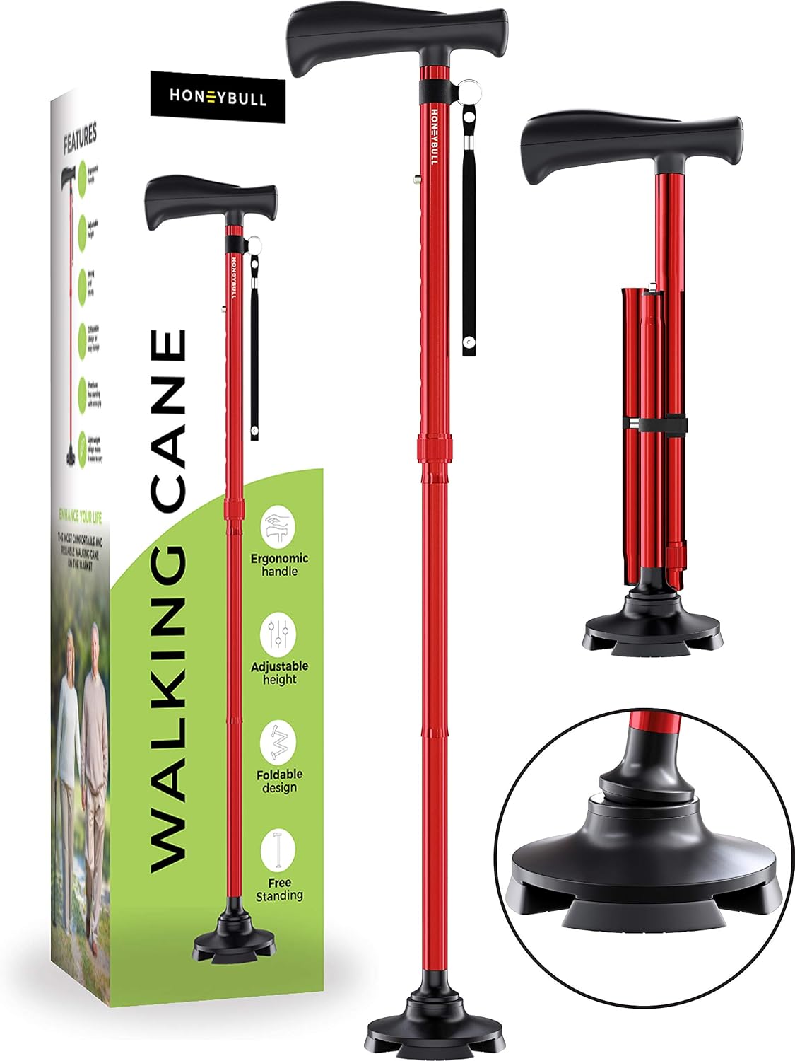 HONEYBULL Walking Cane for Men & Women - Free Standing Cane, Foldable, Pivot Tip, Heavy Duty, with Travel Bag | Walking Sticks, Canes for Seniors & Adults [Black] : Health & Household