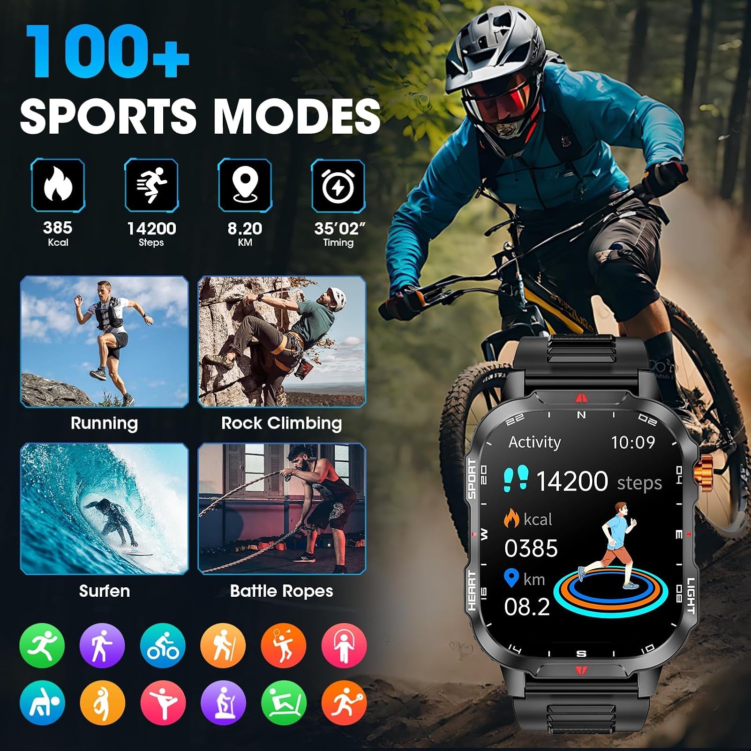 Hwagol Smart Watches for Men, 30 Days Battery/Flashlight/Compass,2.01 inch HD Display Military Smart Watch,IP68 Waterproof Fitness Tracker with Heart Rate,Sleep Monitor,for Android & iOS