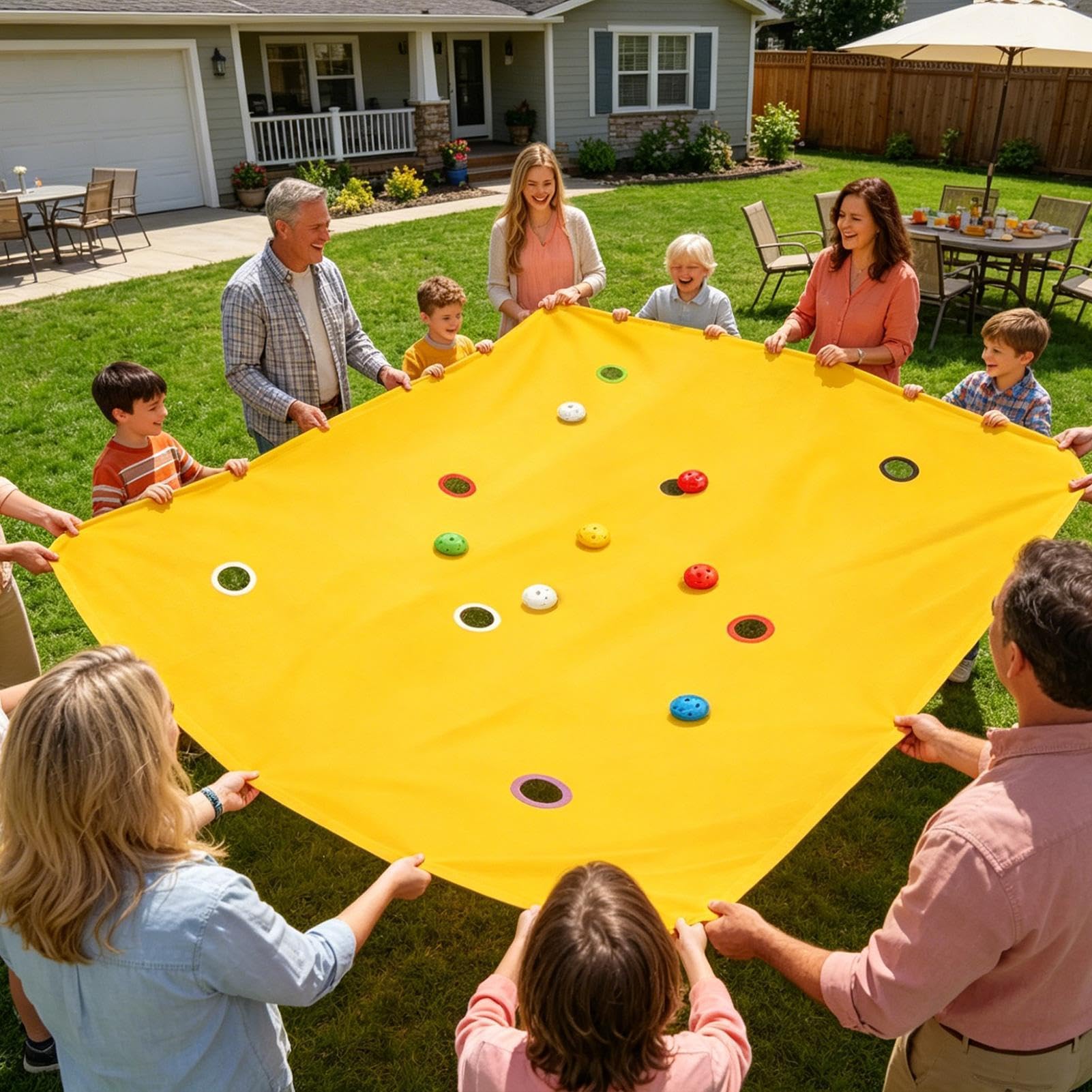 Giochi di Team Building - Asciugamano con fori e 8 palline, giochi di gruppo, per riunioni di famiglia, feste, spiaggia, cortile, all'aperto, scuola, casa