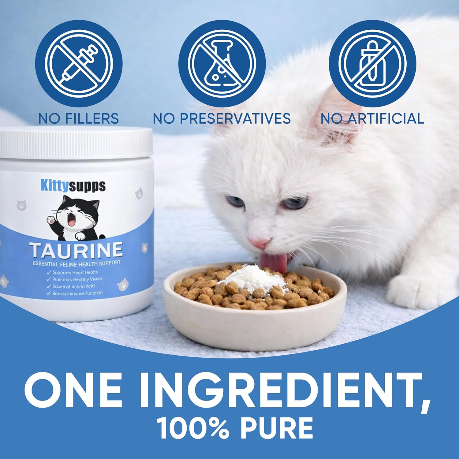 Kittysupps Taurine for Cats, Kitty Supps Taurine Supplement - Pure Taurine, Promoting Vision, Energy, Vitality, and Skin & Coat Wellness, Easy Mix in Food with Dosing Spoon, 200g (1)
