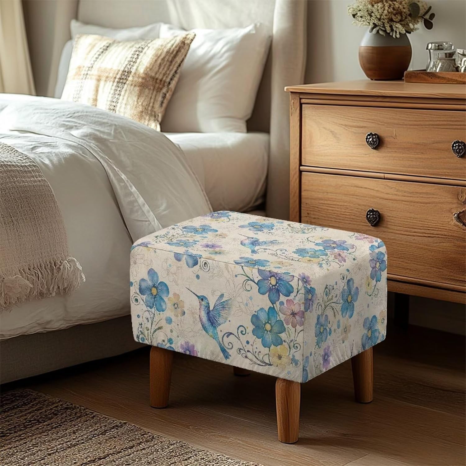 Hummingbird Flower Ottoman Cover Rectangular Stretch Footrest Stool Cover Furniture Protector with Elastic Bottom Removable Slipcover