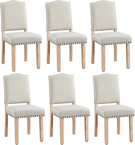 Miniatura 11 de Yaheetech Juego de 2 sillas de comedor de tela Parsons con ribete de cabeza de clavo y patas de madera maciza para el hogar, cocina, comedor, beige