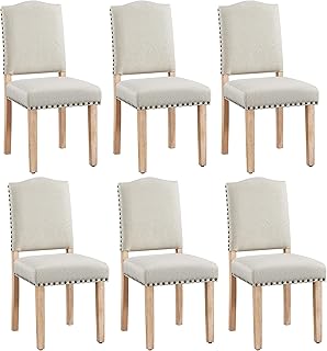 Yaheetech Upholstered Dining Chairs Set of 6 Classic Fabric Kitchen Chairs with Nailhead Trim and Wooden Legs for Dining Room/Living Room/Restaurant/Apartment, Beige