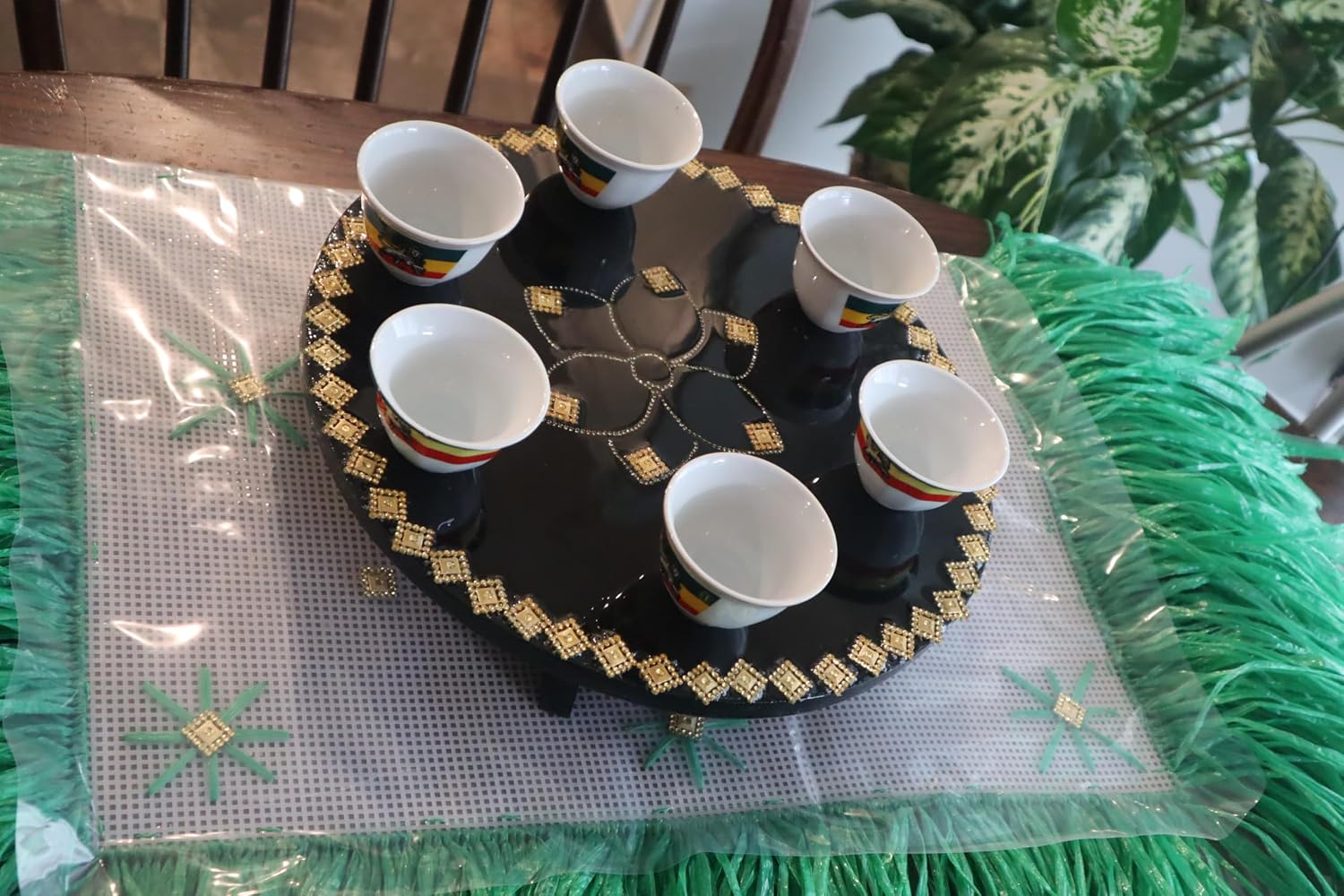 Ethiopian Rekebot Coffee Tray Set 12 Inch Round Table Top – Traditional Habesha Coffee Ceremony Tray with 6 Cups & Small Mat Included – MDF Wooden Serving Tray (Coffee Set Bundle)