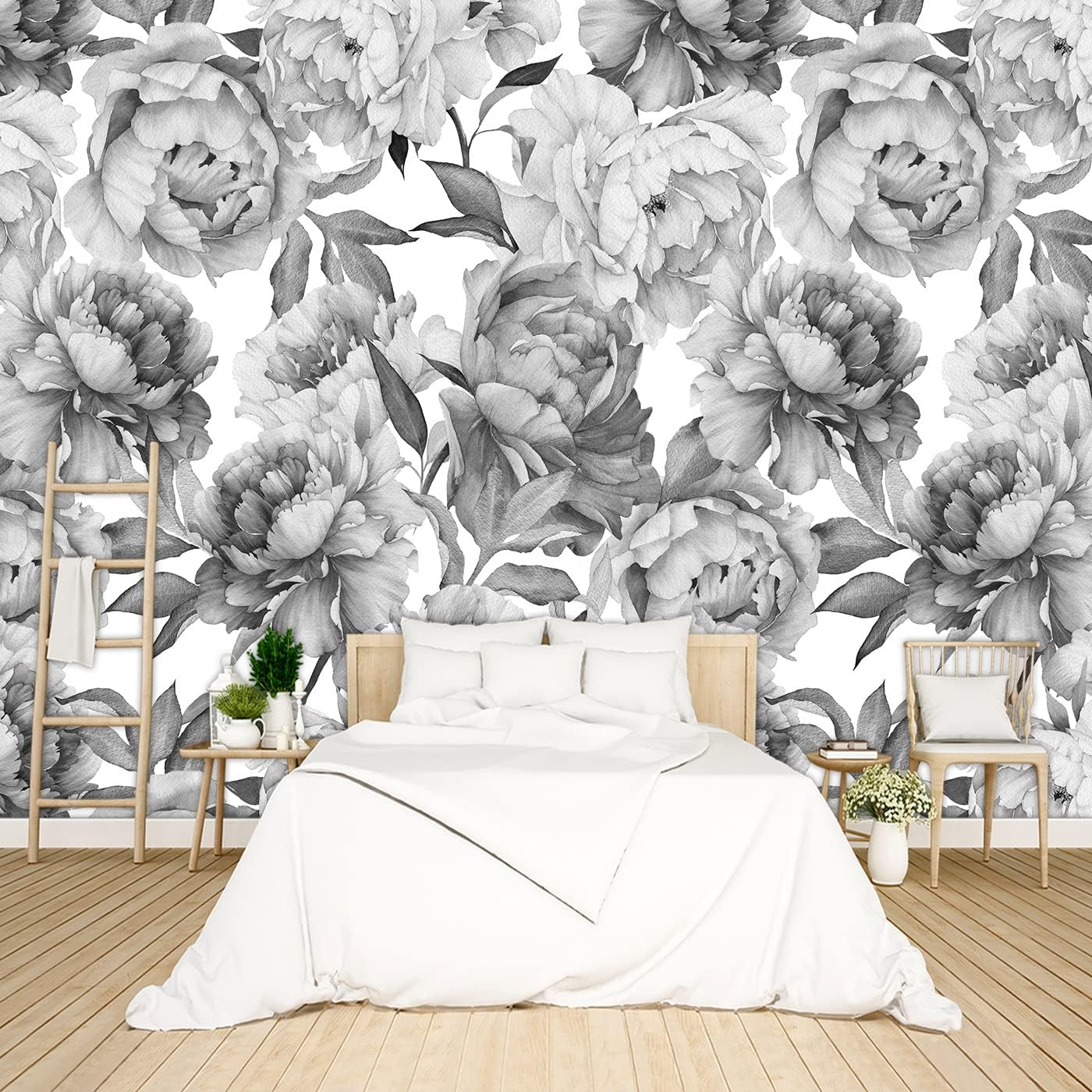 Grey Peony Floral Wallpaper Bedroom Black and White Botanical Flowers Leaf murals Aesthetic Room Decor Living Room tv Background Large Wall Mural - 137"x96" Not Peel and Stick