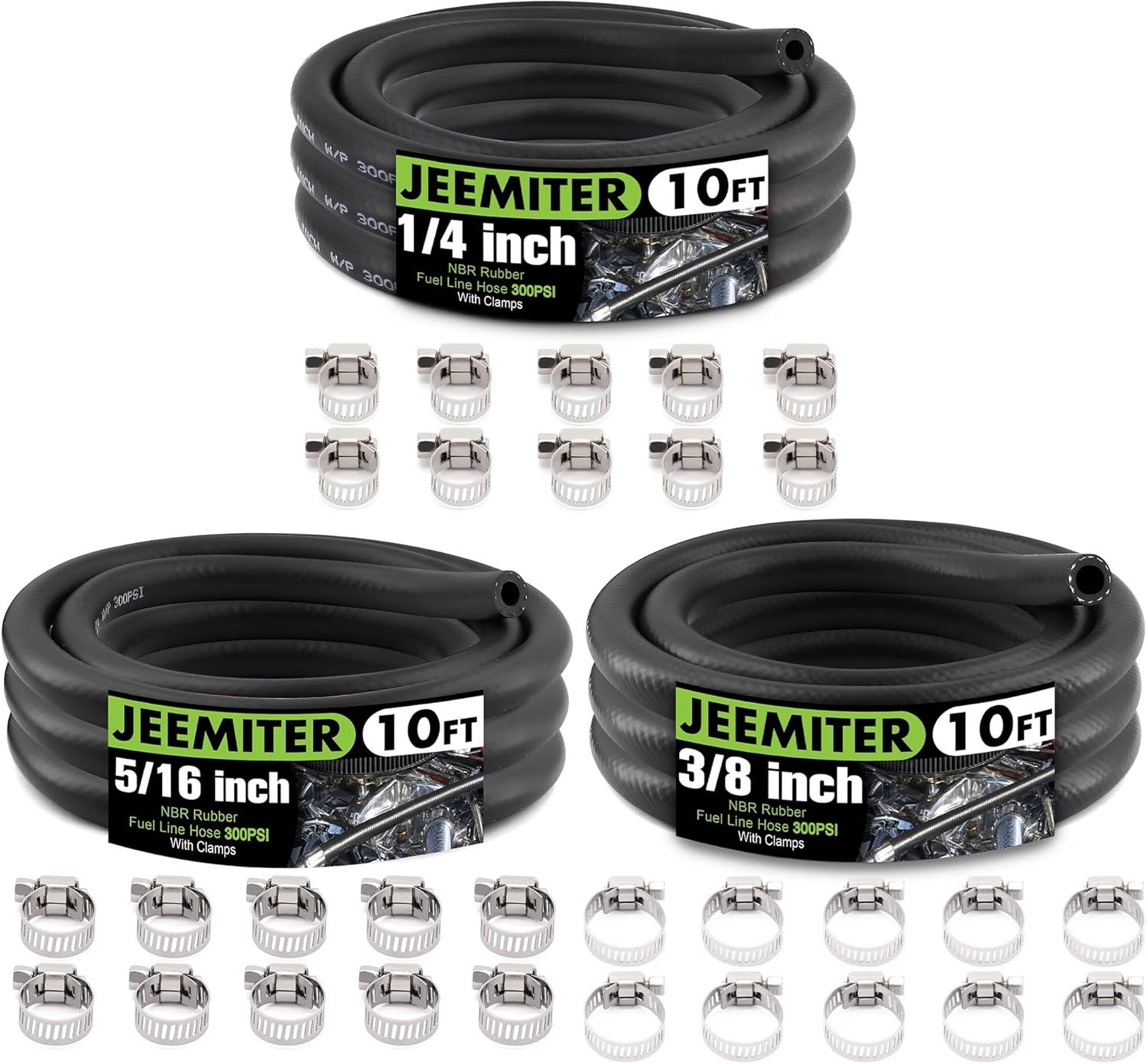 Jeemiter 3/4 Inch ID Fuel Hose 10FT - Extra High Flow Large Bore Hose SAE 30R7 Kit - with 10 Clamps for High HP Diesel, Racing Fuel, Industrial Applications