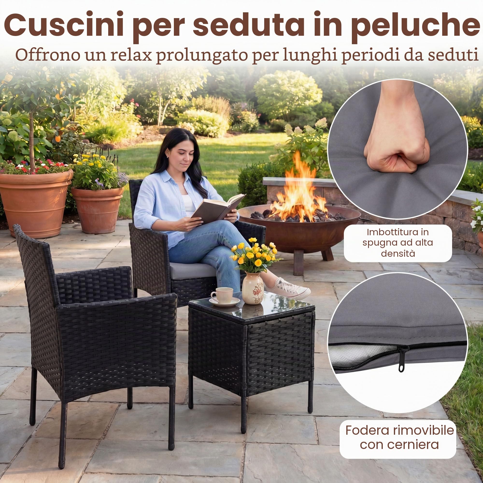 LIFEZEAL Set Mobili da Giardino in Rattan 2 Posti, Salotto da Giardino Esterno con 2 Poltrone, Cuscini Rimovibili, Tavolino da Caffè in Vetro Temprato, per Terrazza e Cortile (Cuscino Grigio)