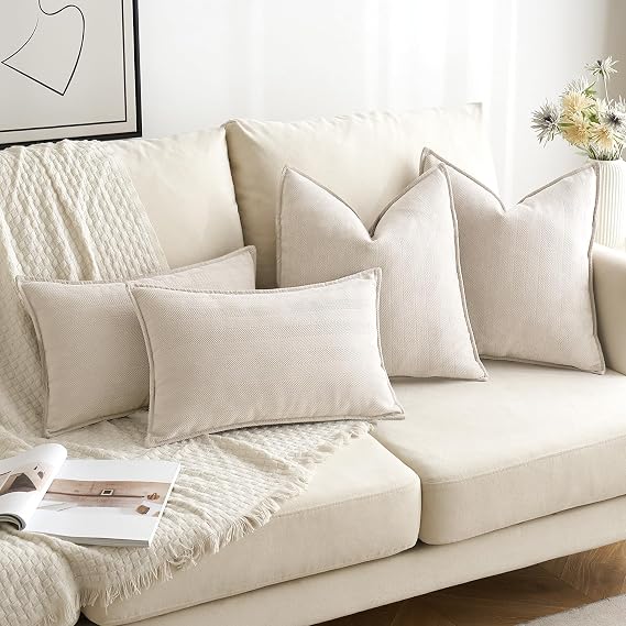 MIULEE Chenille Cushion Covers 45 x 45 cm Set of 2 Beige Sofa Cushions