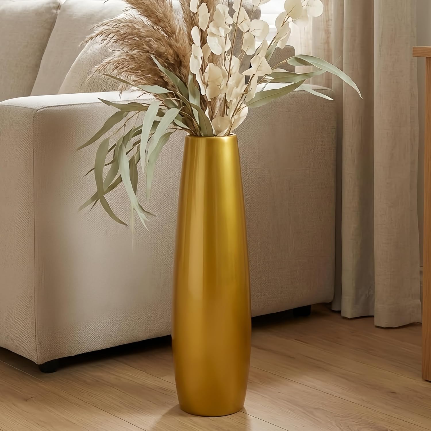 Gold Ceramic Tall Floor Vase,24 Inch Large Modern Flower Vases for Home Décor,Wicker Big Floor Vases Decorations for Farmhouse, Living Room,Bedroom,Standing Plastic Vase Decorative Tall